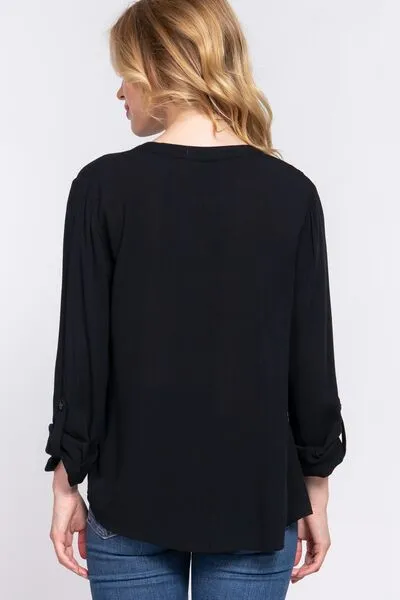 ACTIVE BASIC Notched Long Sleeve Woven Top