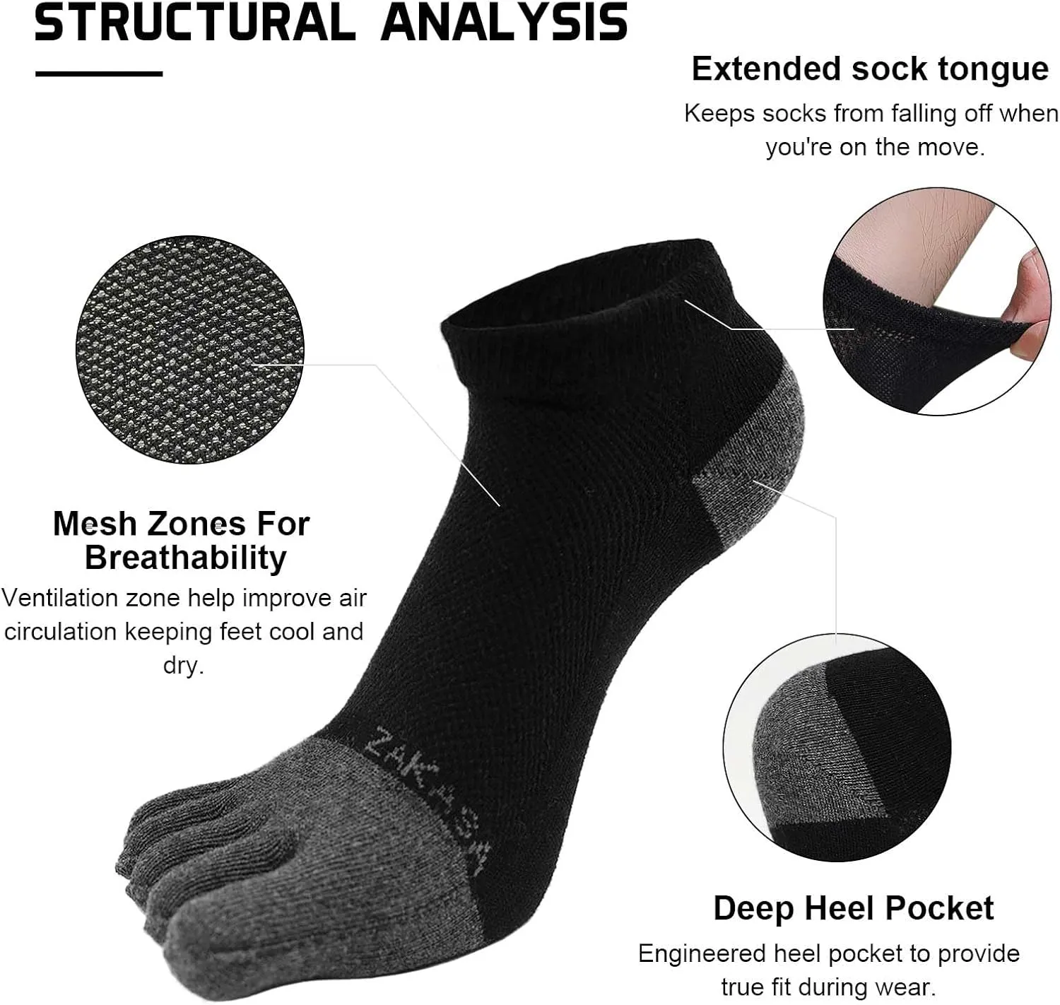 CaiDieNu Toe Socks for Men: Five Finger Cotton Athletic Crew Socks No Show Breathable Running Ankle Socks 5 Pairs Size 8-12