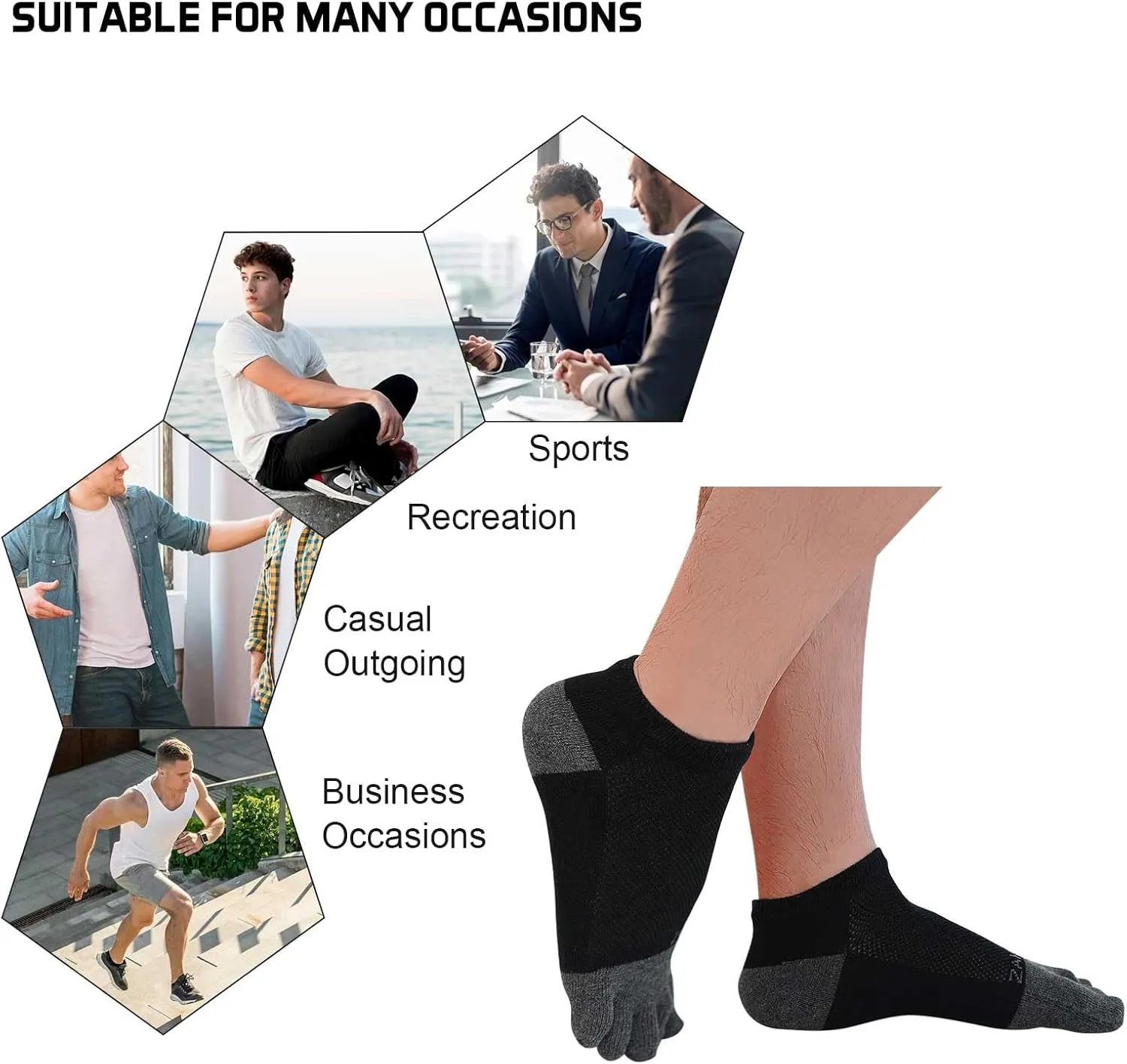 CaiDieNu Toe Socks for Men: Five Finger Cotton Athletic Crew Socks No Show Breathable Running Ankle Socks 5 Pairs Size 8-12