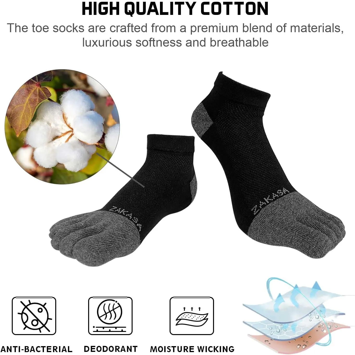 CaiDieNu Toe Socks for Men: Five Finger Cotton Athletic Crew Socks No Show Breathable Running Ankle Socks 5 Pairs Size 8-12
