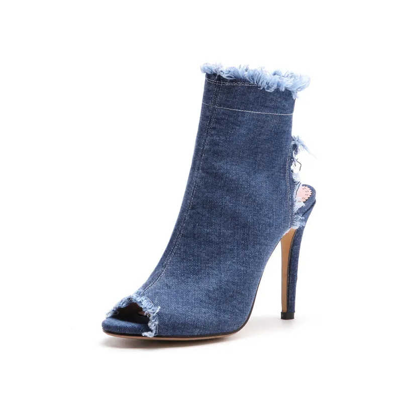 Canvas Peep Toe Cut Out Short Boots Stiletto High Heels Sandals