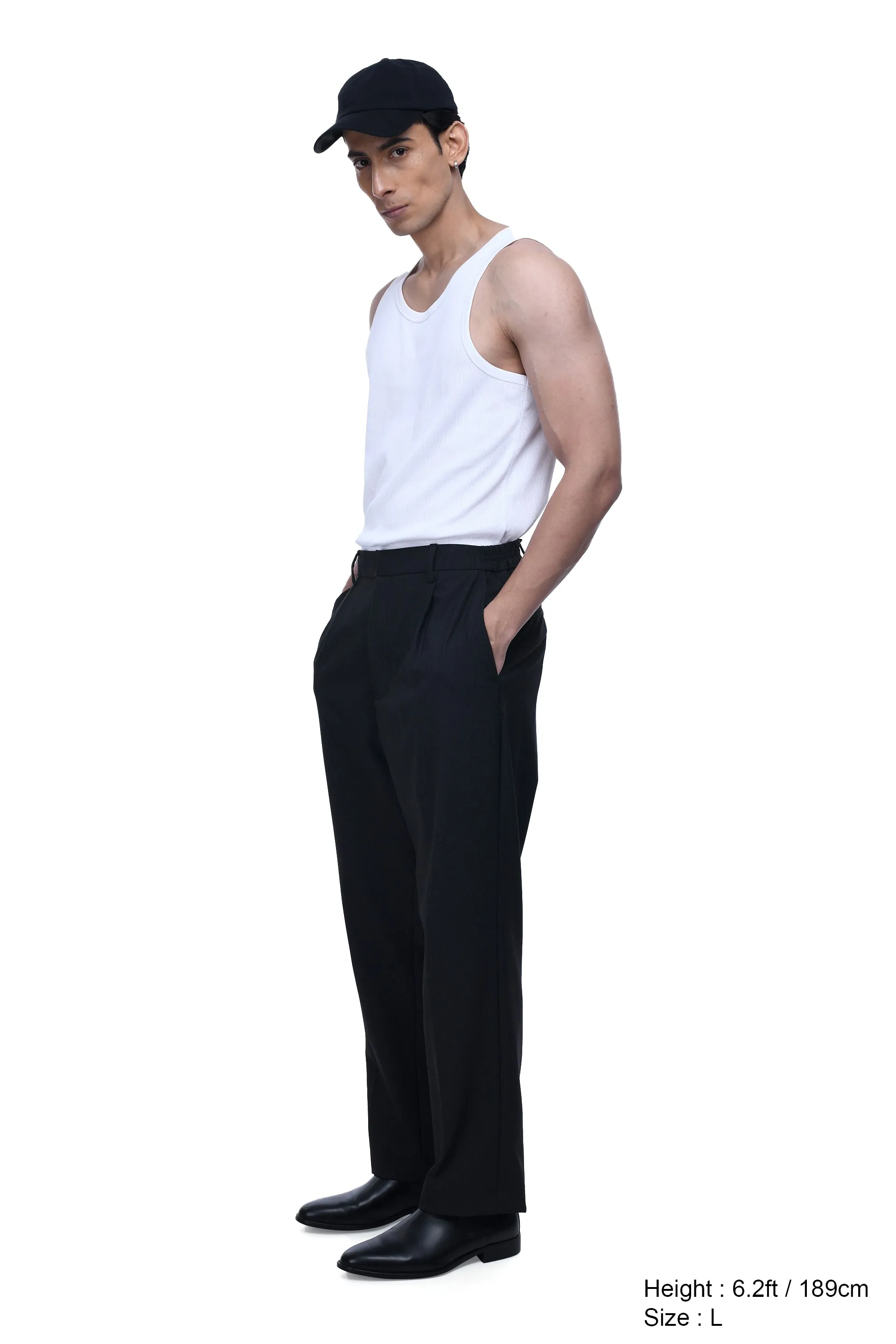 EASY IRON PINSTRIPED RELAXED PANTS IN BLACK