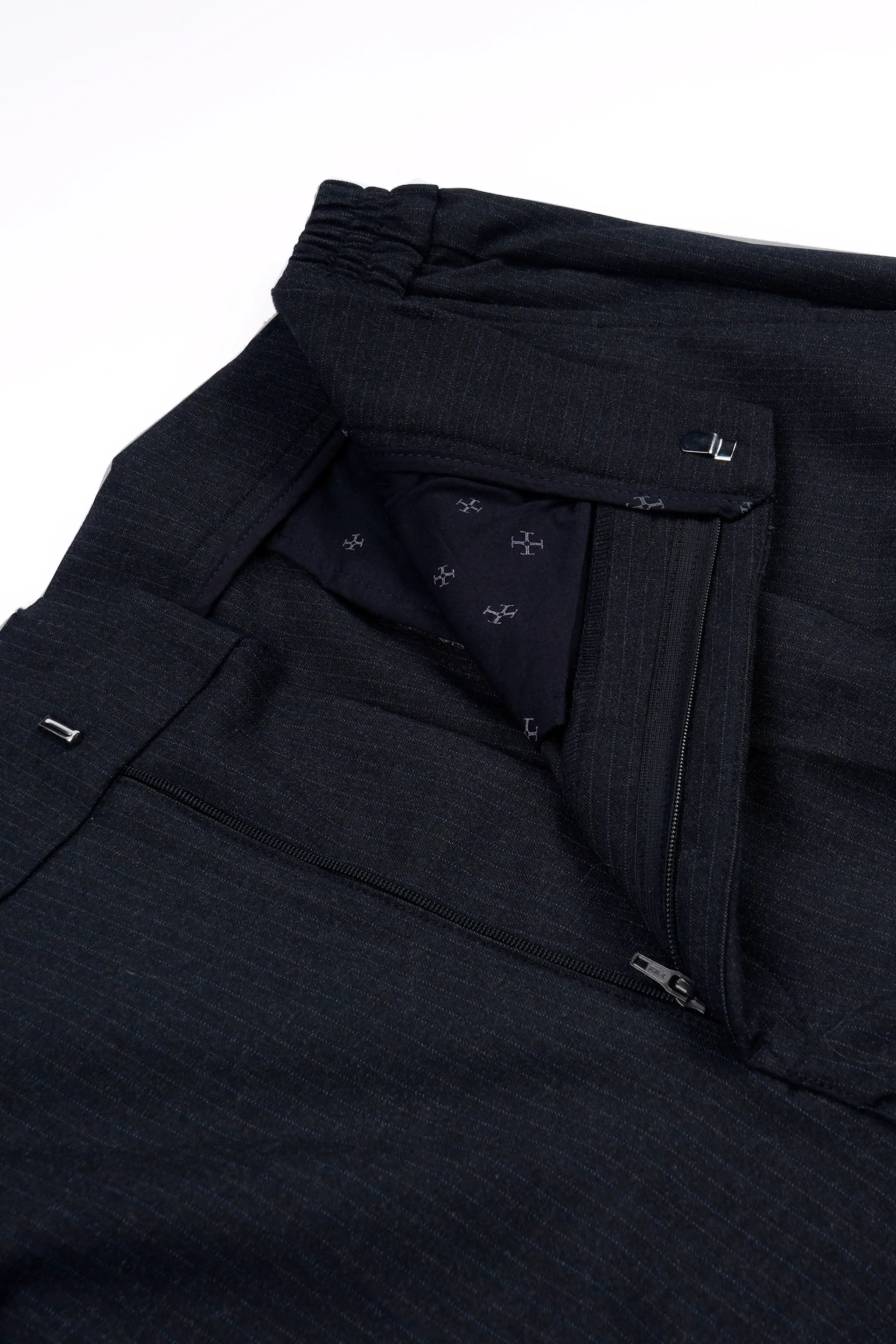 EASY IRON PINSTRIPED RELAXED PANTS IN BLACK