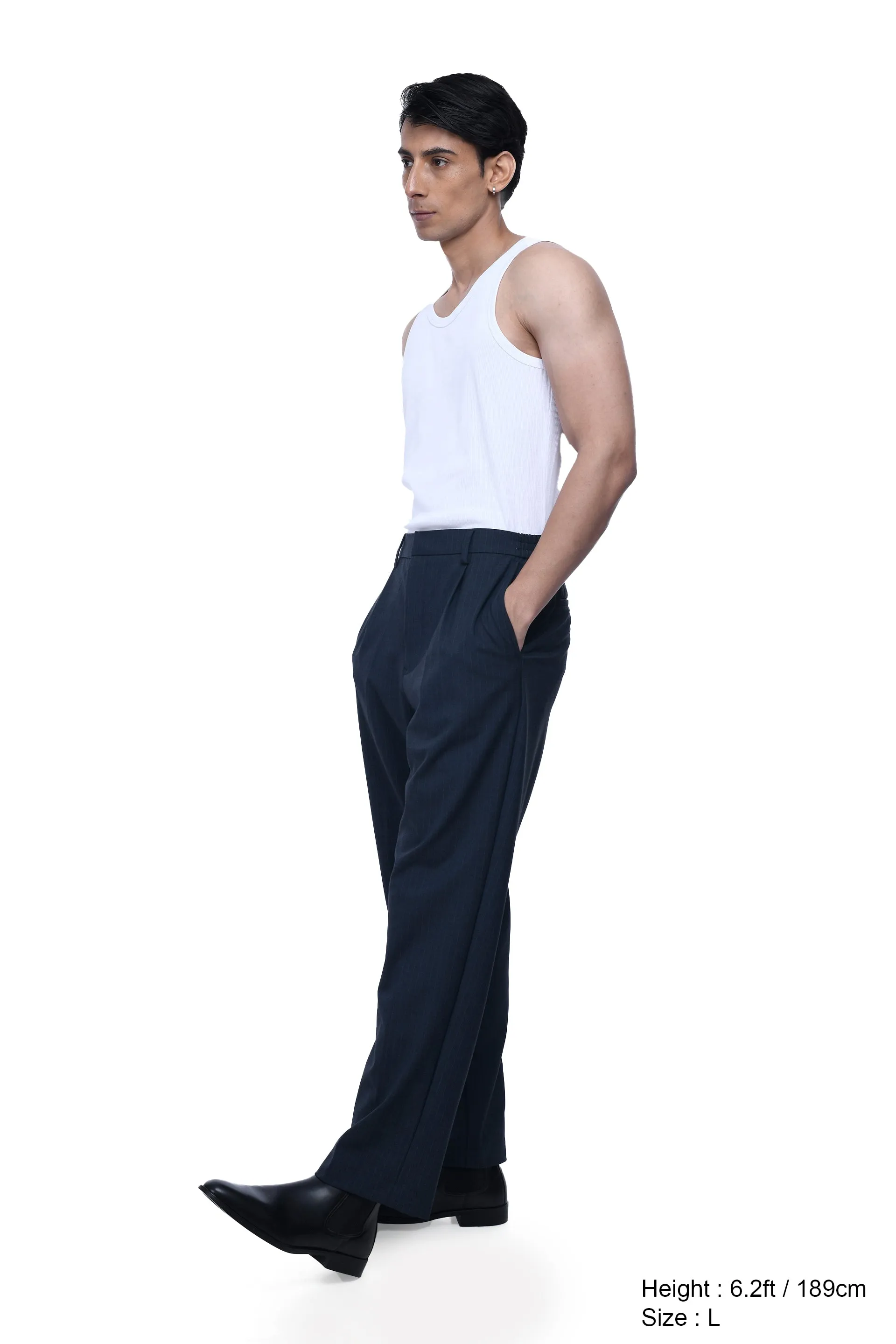 EASY IRON PINSTRIPED RELAXED PANTS IN BLUE