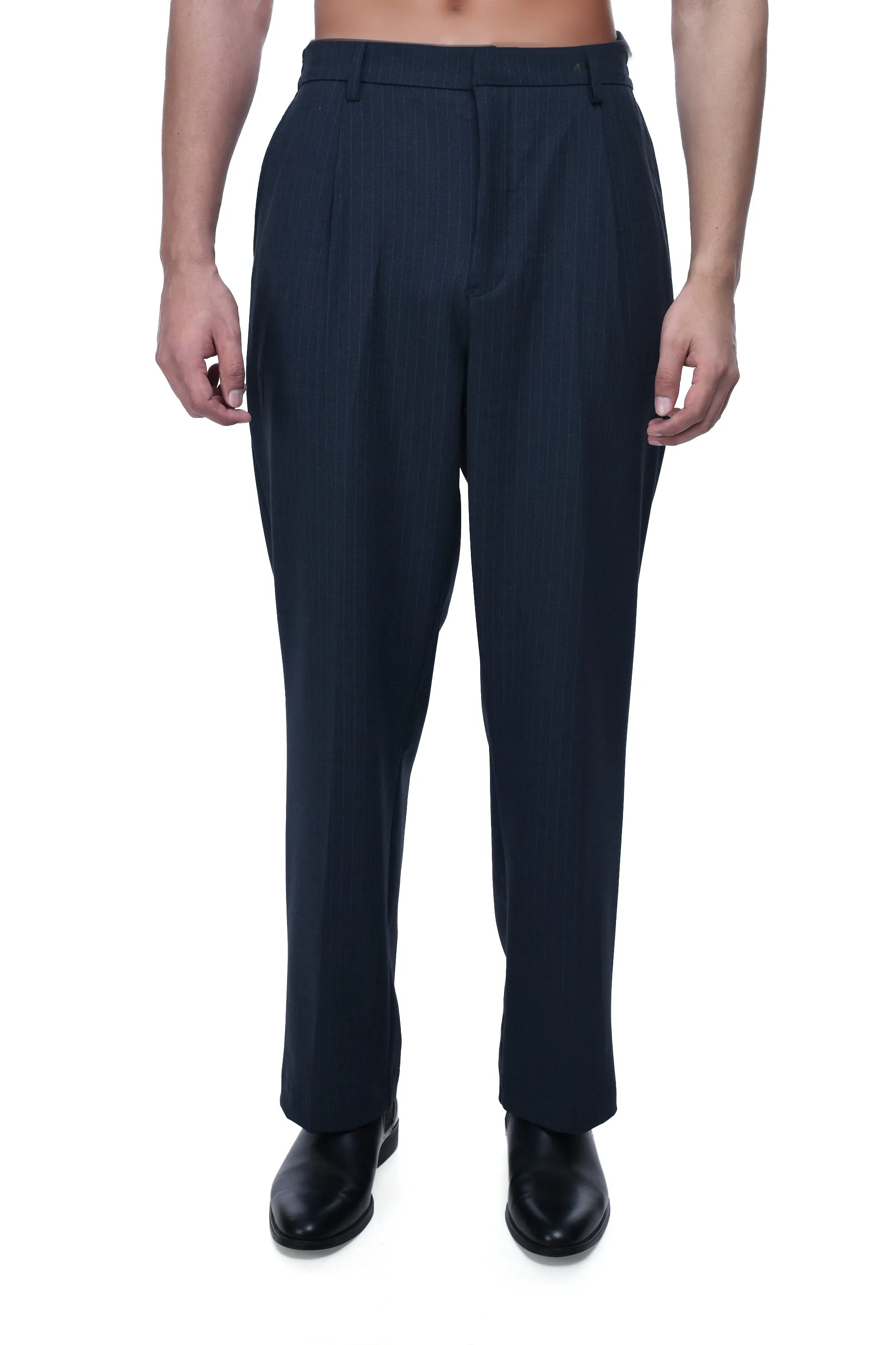 EASY IRON PINSTRIPED RELAXED PANTS IN BLUE