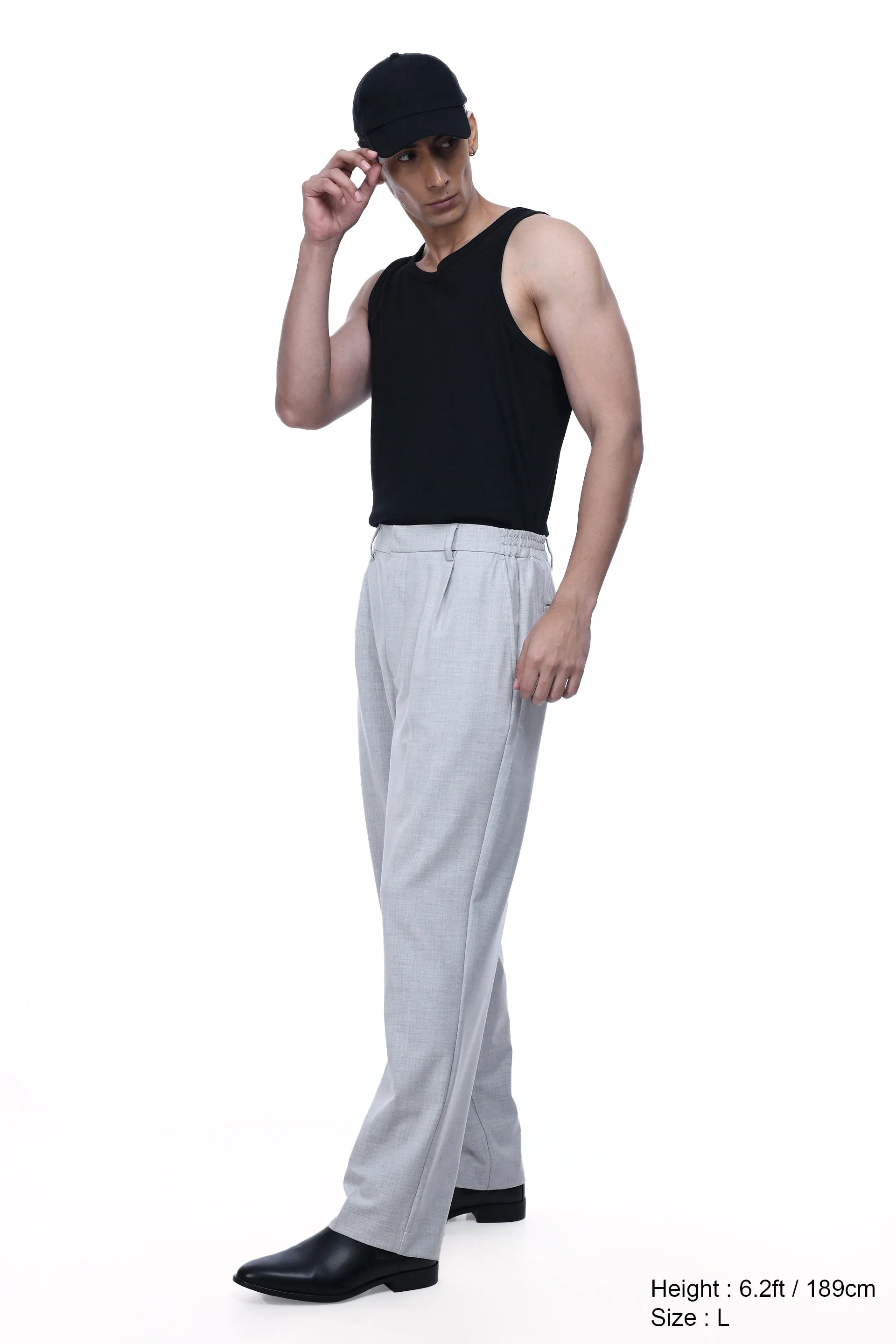 EASY IRON PINSTRIPED RELAXED PANTS IN GREY