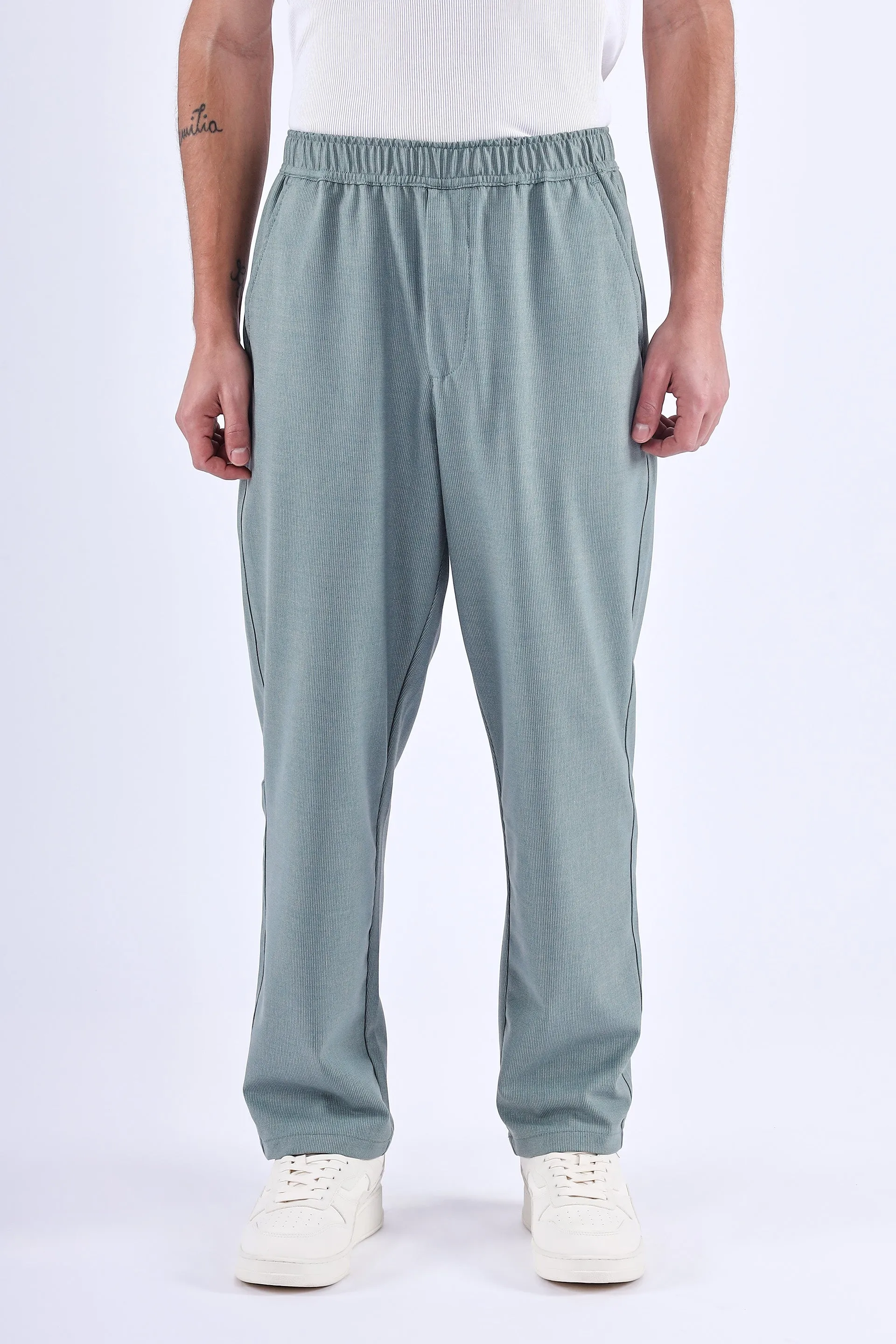 EASY IRON STRIPED FLEXIWAIST RELAXED TROUSER IN GREEN