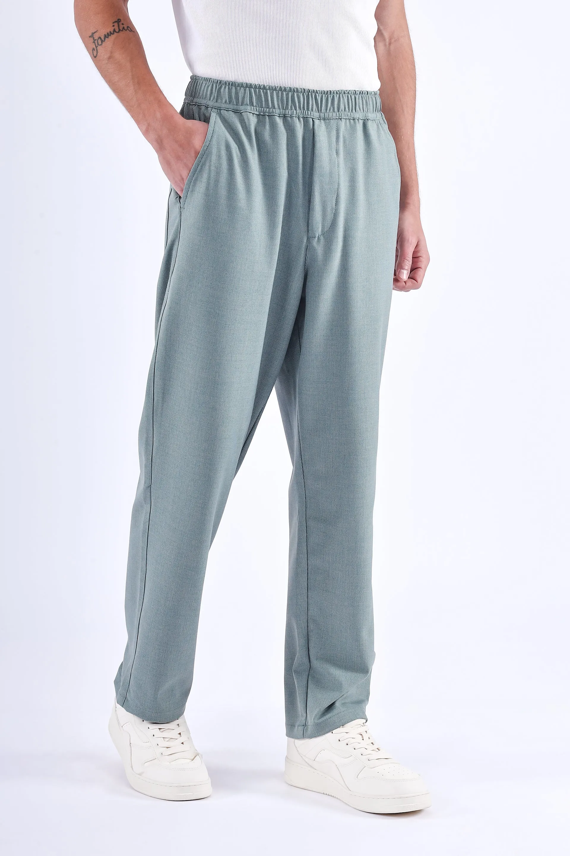 EASY IRON STRIPED FLEXIWAIST RELAXED TROUSER IN GREEN