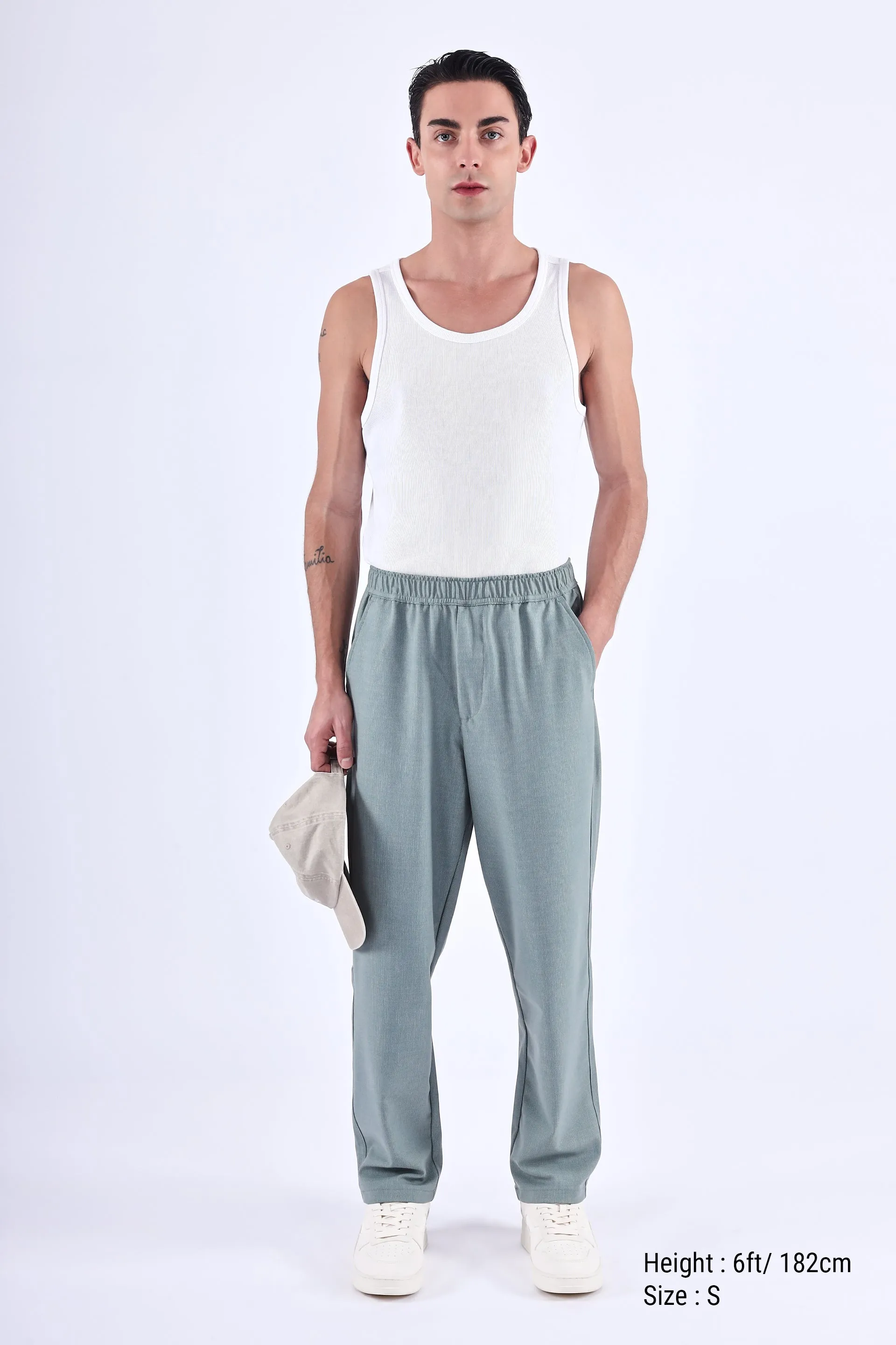 EASY IRON STRIPED FLEXIWAIST RELAXED TROUSER IN GREEN