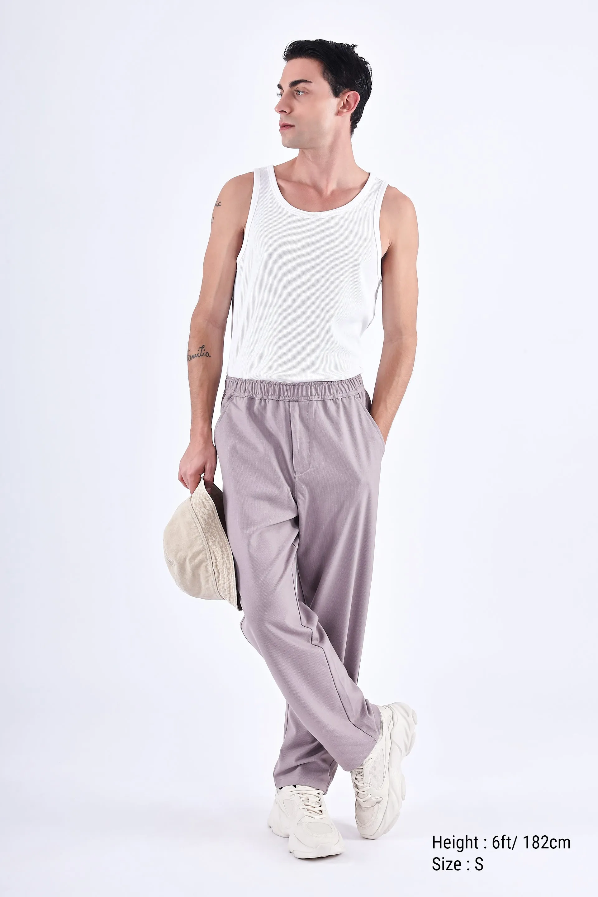 EASY IRON STRIPED FLEXIWAIST RELAXED TROUSER IN PINK
