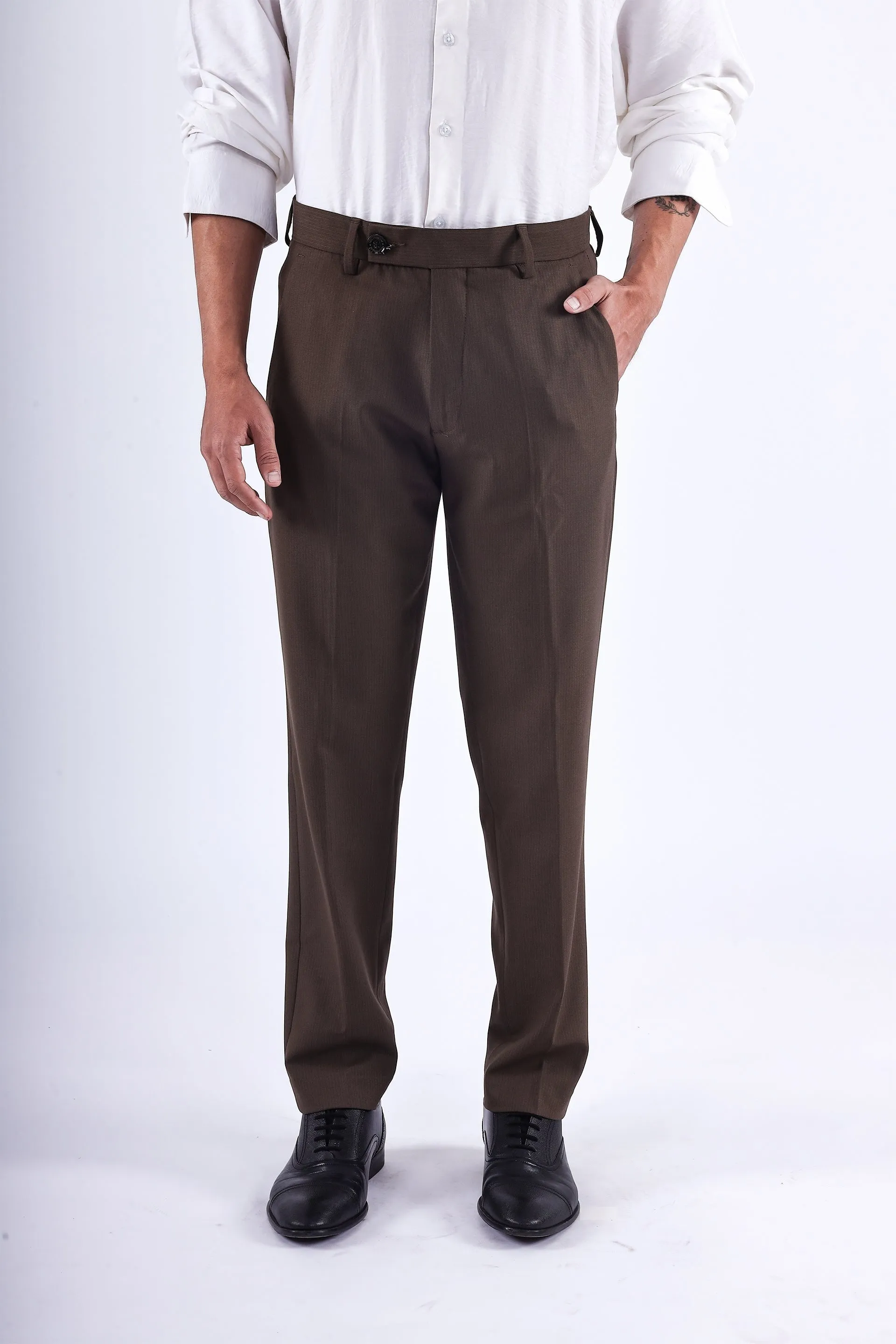 EASY IRON STRIPED FORMAL PANTS IN BROWN