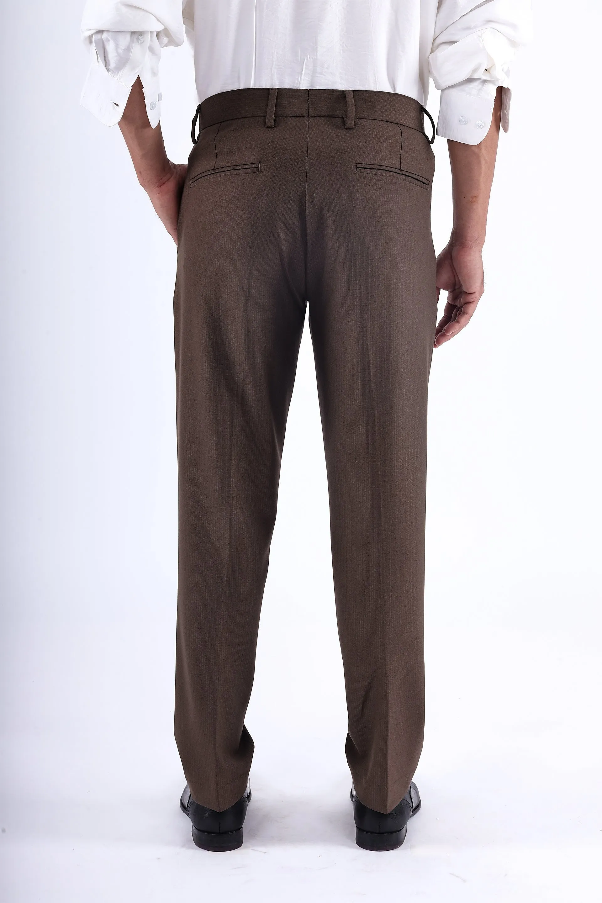 EASY IRON STRIPED FORMAL PANTS IN BROWN