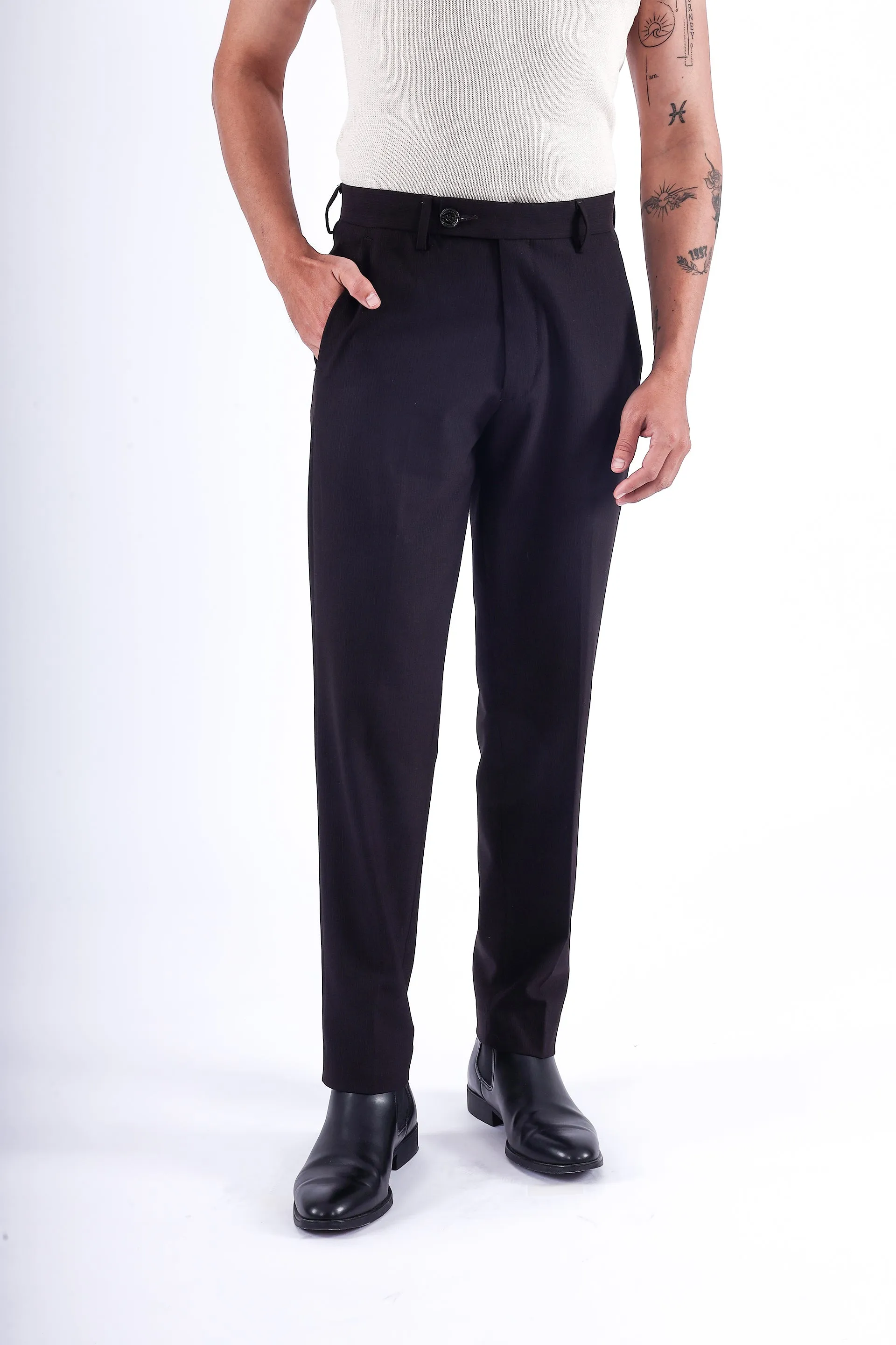 EASY IRON STRIPED FORMAL PANTS IN WINE