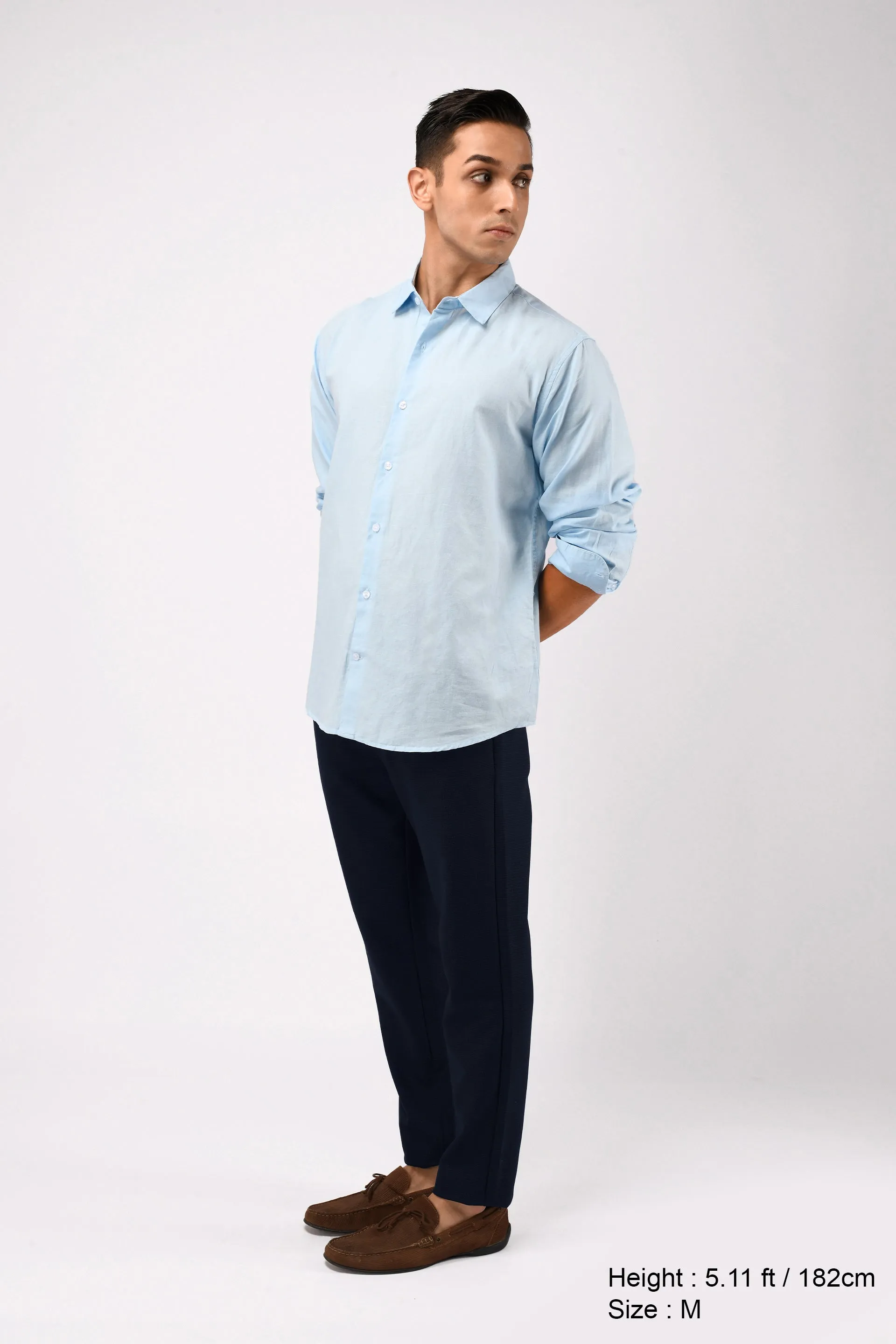 EASY IRON TEXTURED FLEXIWAIST TAILORED TROUSERS IN BLUE