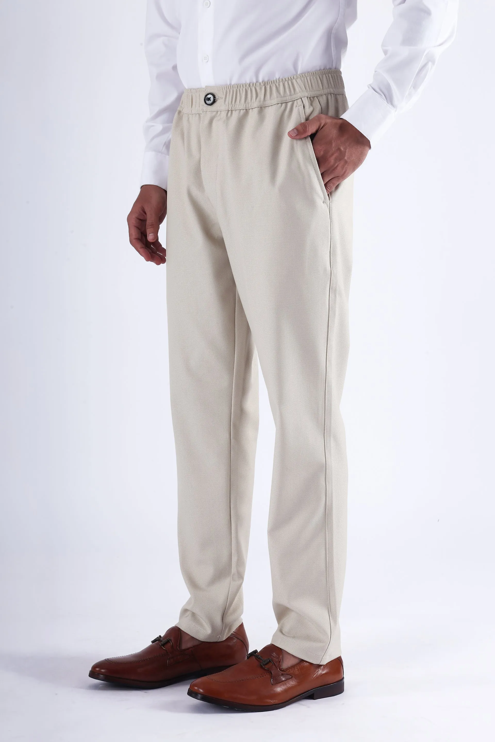EASY IRON TEXTURED TAILORED TROUSERS IN CREAM