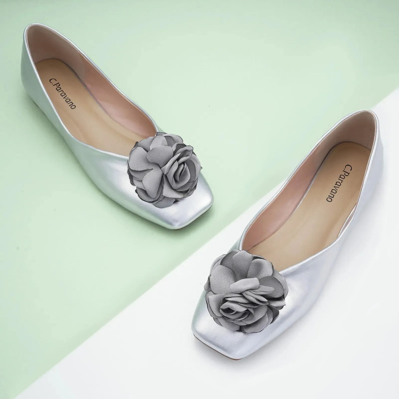 Flower Ballerina Flats (Eva) Silver