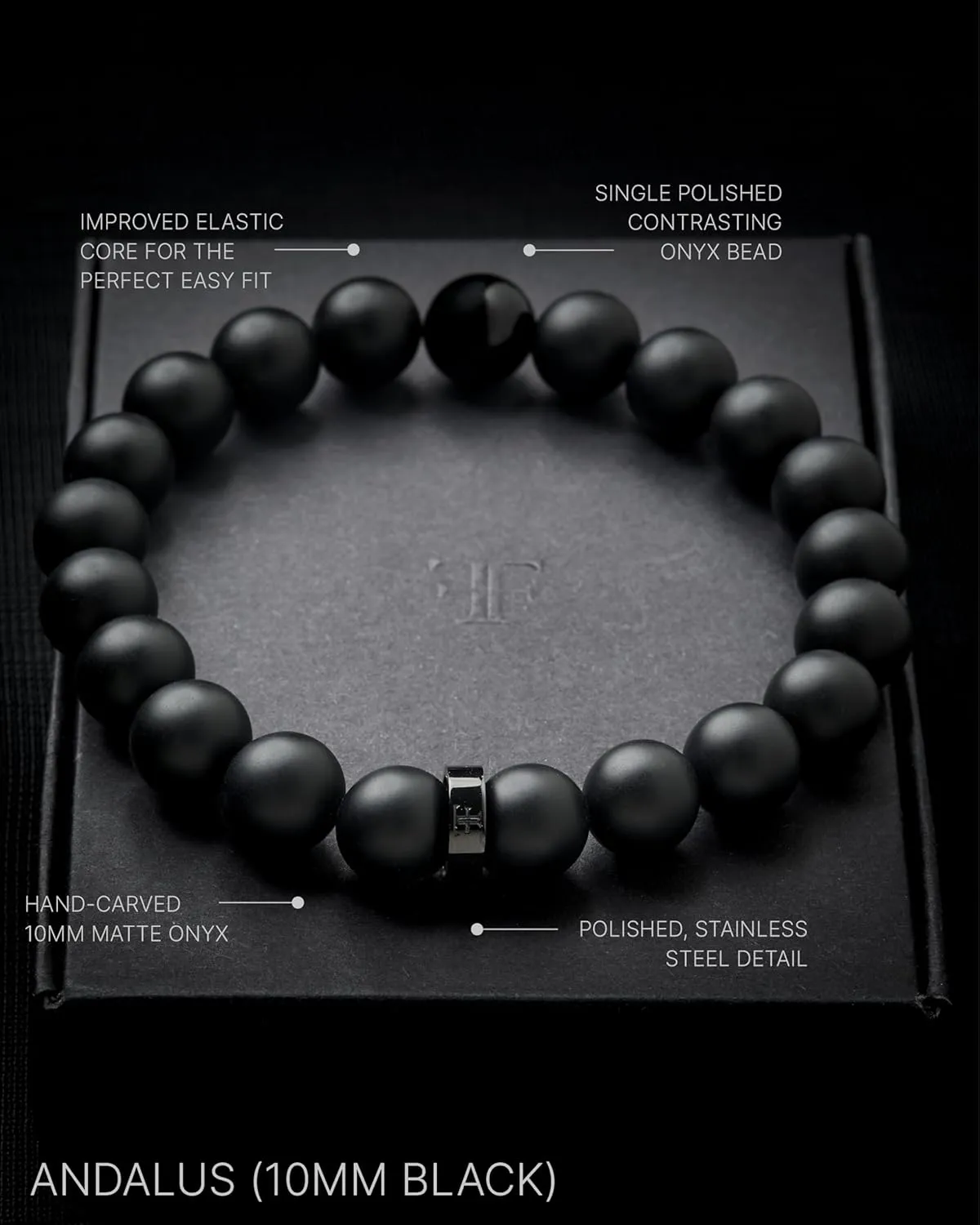 Forge & Foundry Mens Matte Black Solid Onyx Beaded Bracelet | Polished 18K Gold-Plated, Polished Stainless Steel or Polished Black Signature Bead Options | Andalus