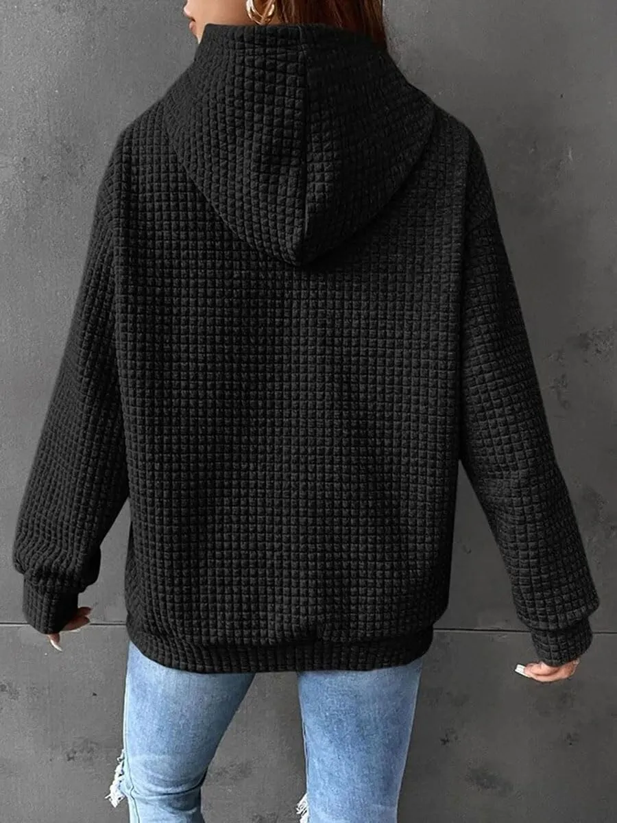 Honganda Women's Casual Oversized Hoodies Long Sleeve Plaid Jacquard Hooded Sweatshirt Pullover Tops with Kangaroo Pocket