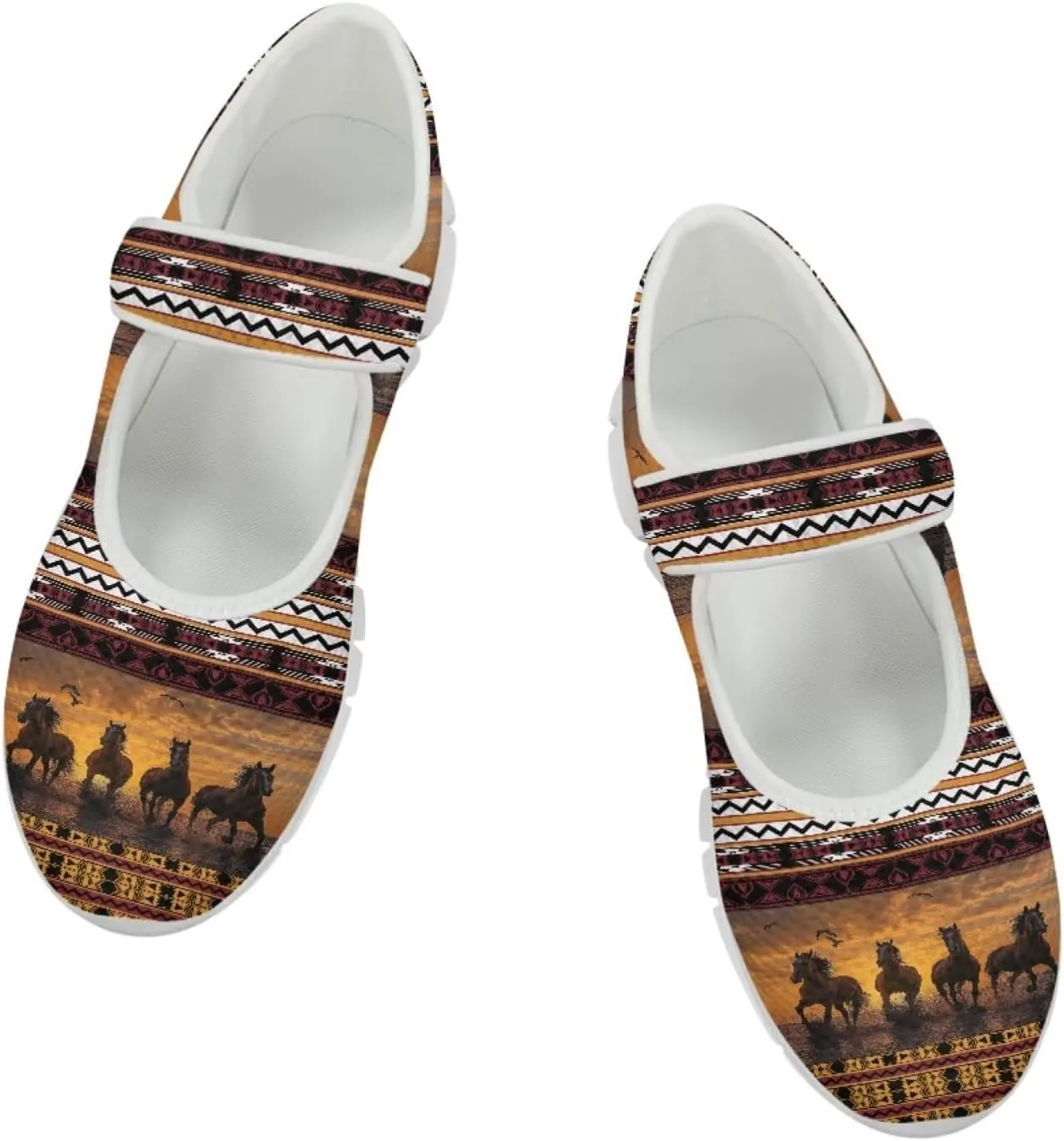 JoyLamoria Aztec Running Horse Walking Shoes Stylish Strap Mary Jane Shoes Adjustable Barefoot Shoes Womens US 4-9