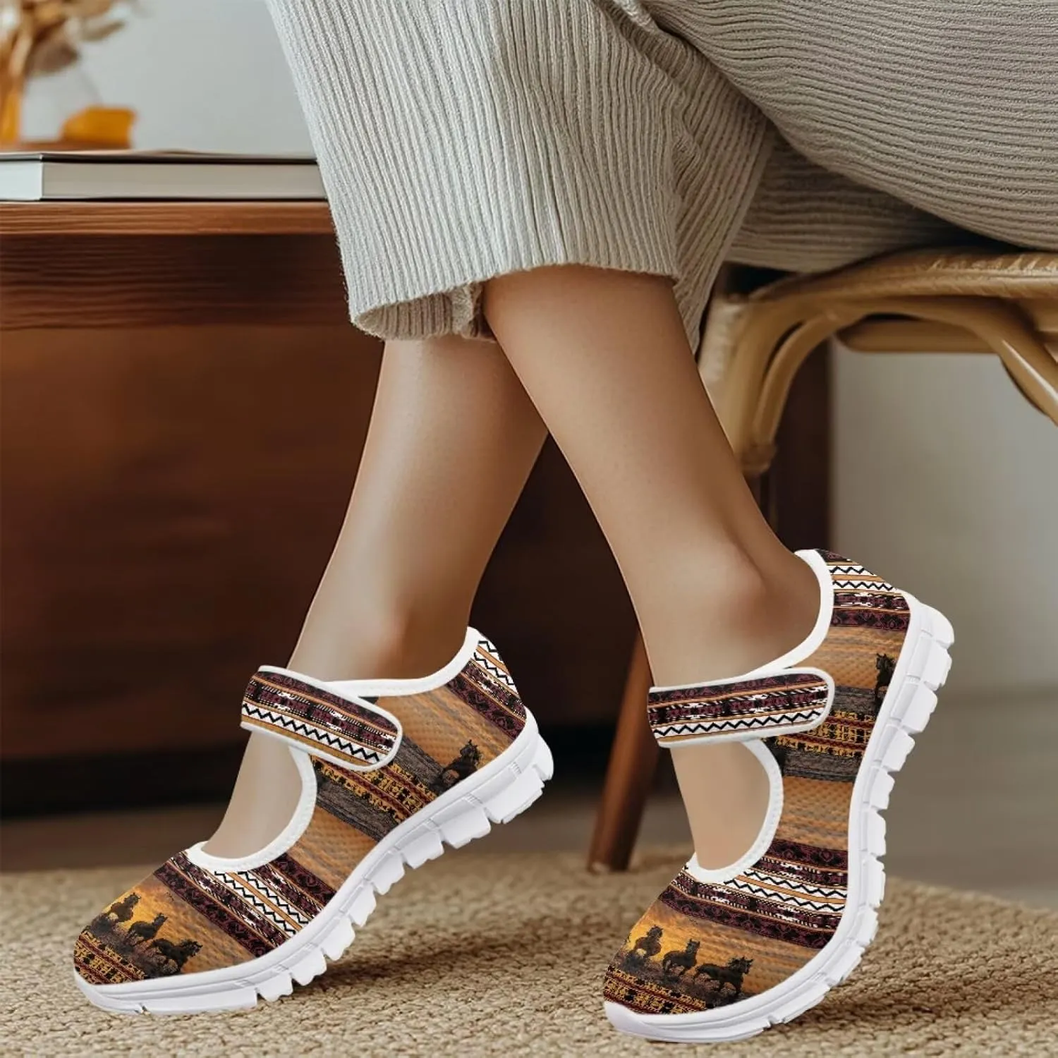 JoyLamoria Aztec Running Horse Walking Shoes Stylish Strap Mary Jane Shoes Adjustable Barefoot Shoes Womens US 4-9