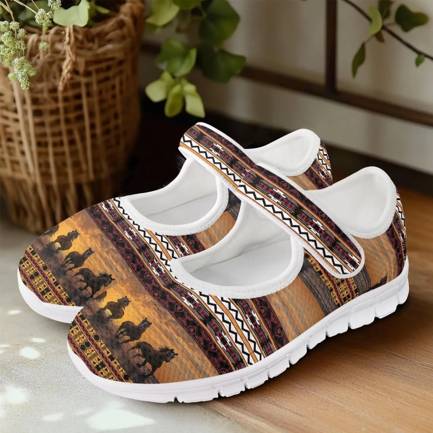 JoyLamoria Aztec Running Horse Walking Shoes Stylish Strap Mary Jane Shoes Adjustable Barefoot Shoes Womens US 4-9