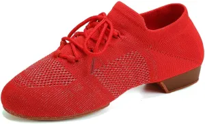 JUODVMP Women's Knits Dance Shoes Classical Lace-up Jazz Ballet Flats Casual Walking Sneakers