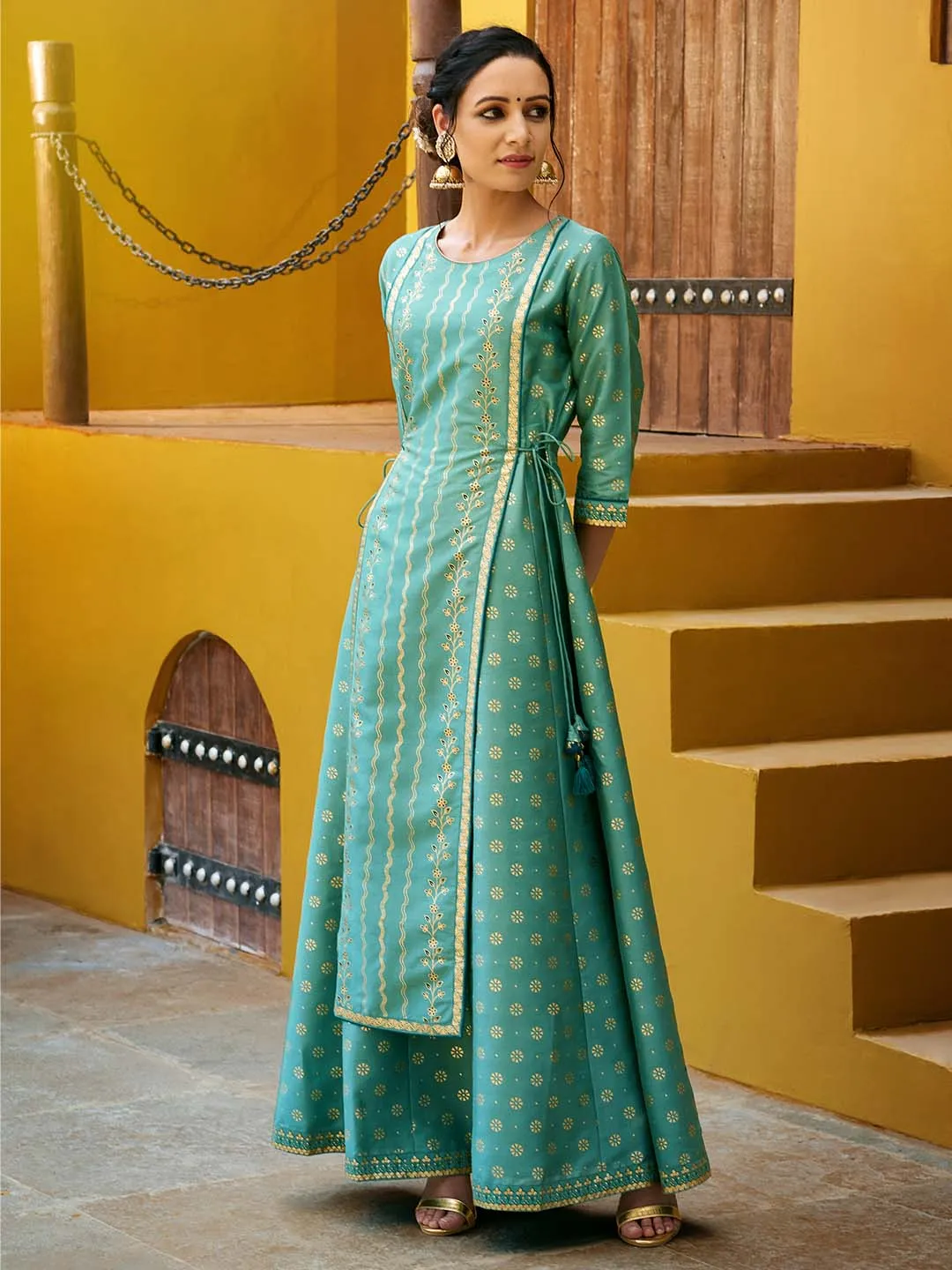 Light Green Poly Silk Ethnic Dress