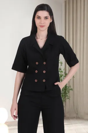 Linen Open Collar Double Breasted Shirt, Black