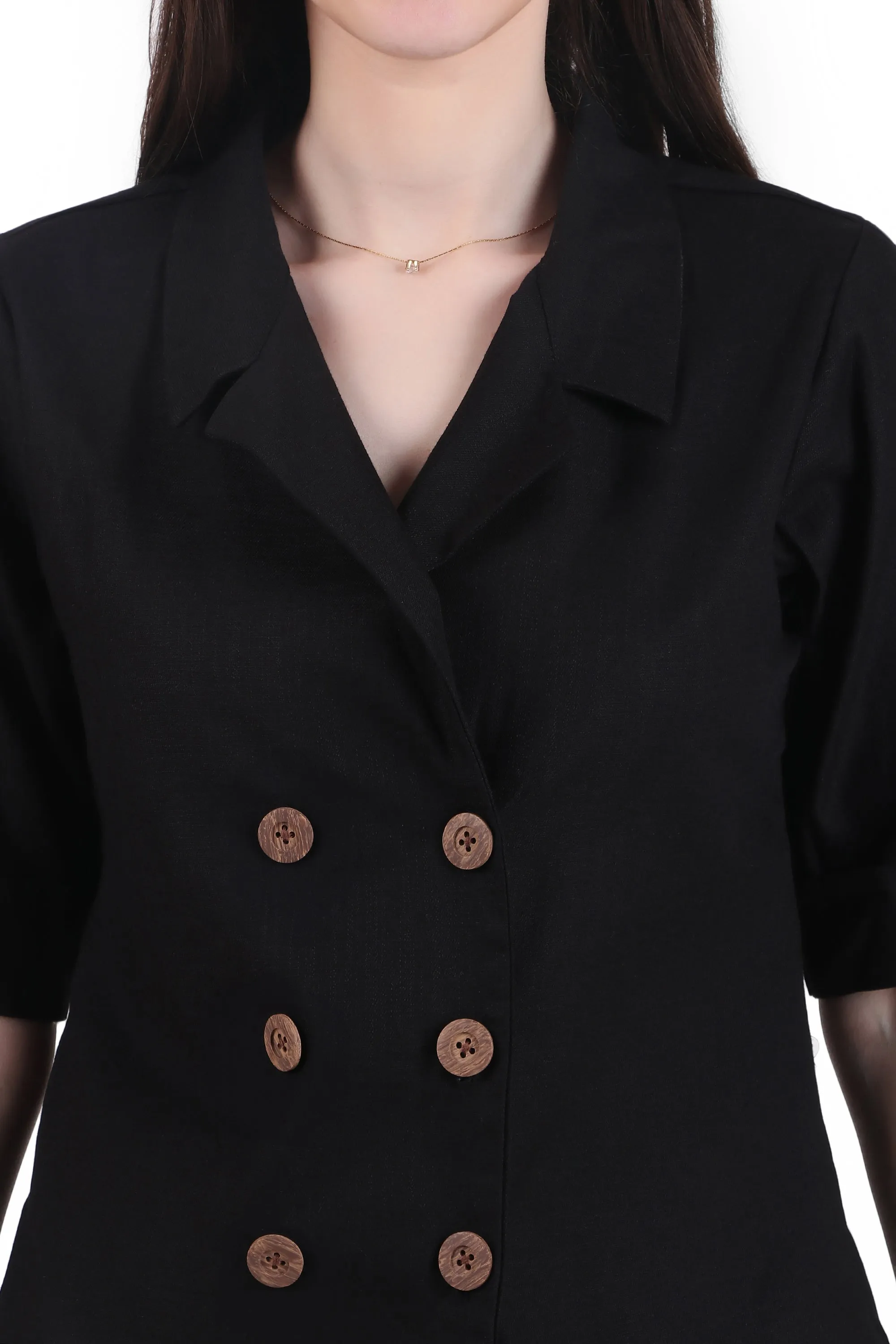 Linen Open Collar Double Breasted Shirt, Black