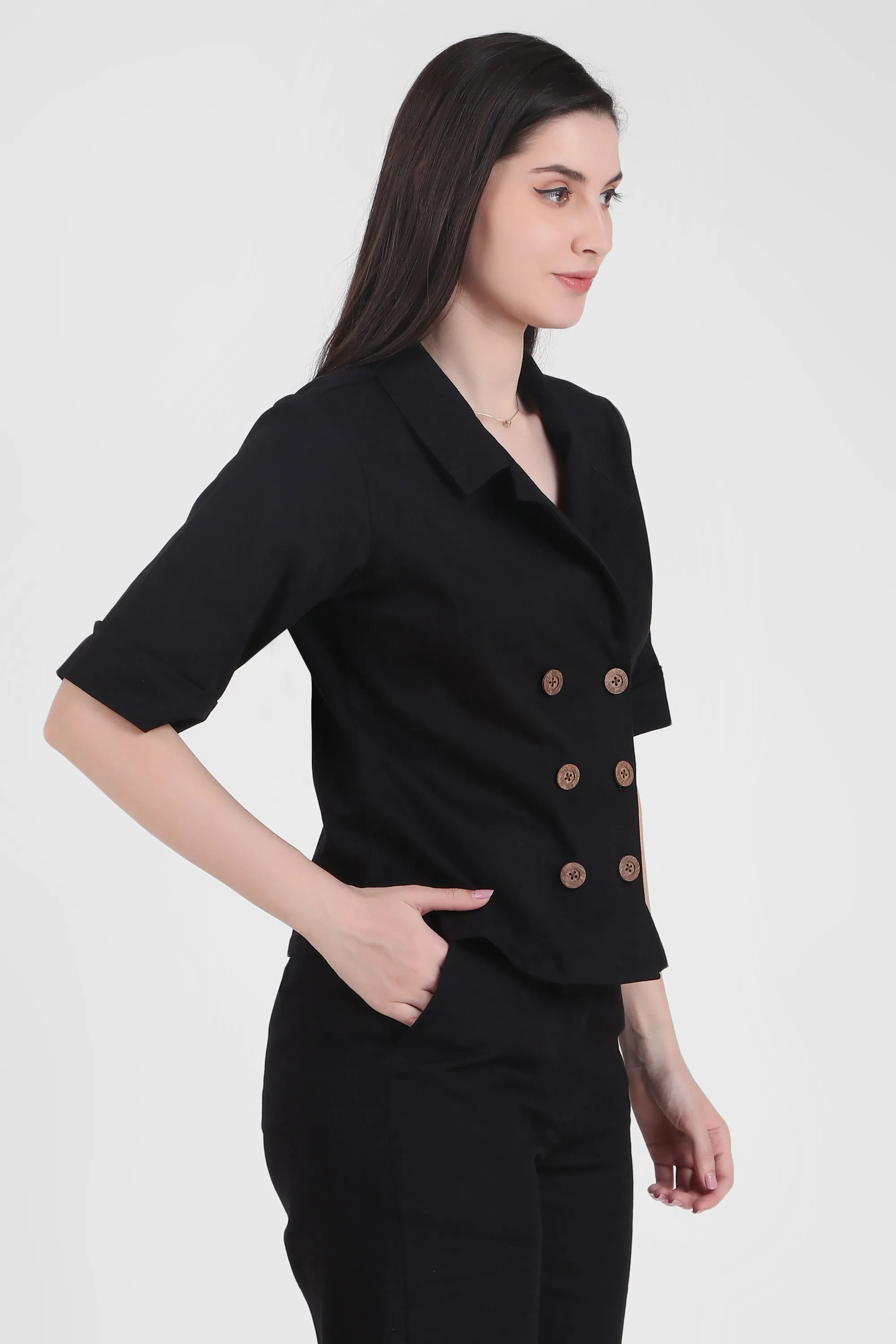 Linen Open Collar Double Breasted Shirt, Black