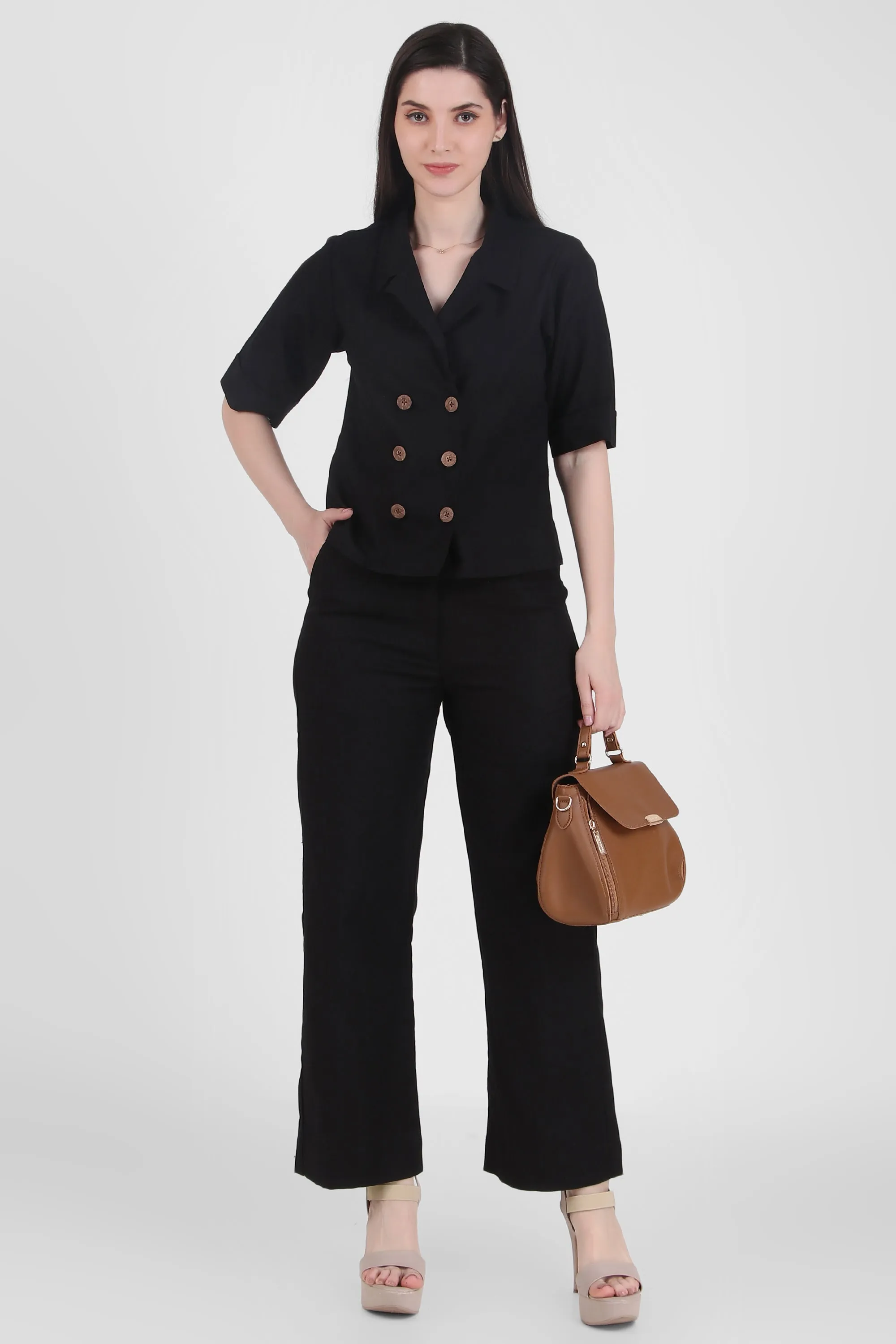 Linen Open Collar Double Breasted Shirt, Black