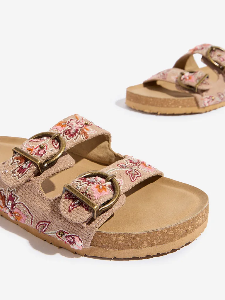 LUNA BLU Taupe Floral Embroidered Slip-On Sandals