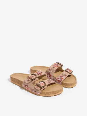 LUNA BLU Taupe Floral Embroidered Slip-On Sandals