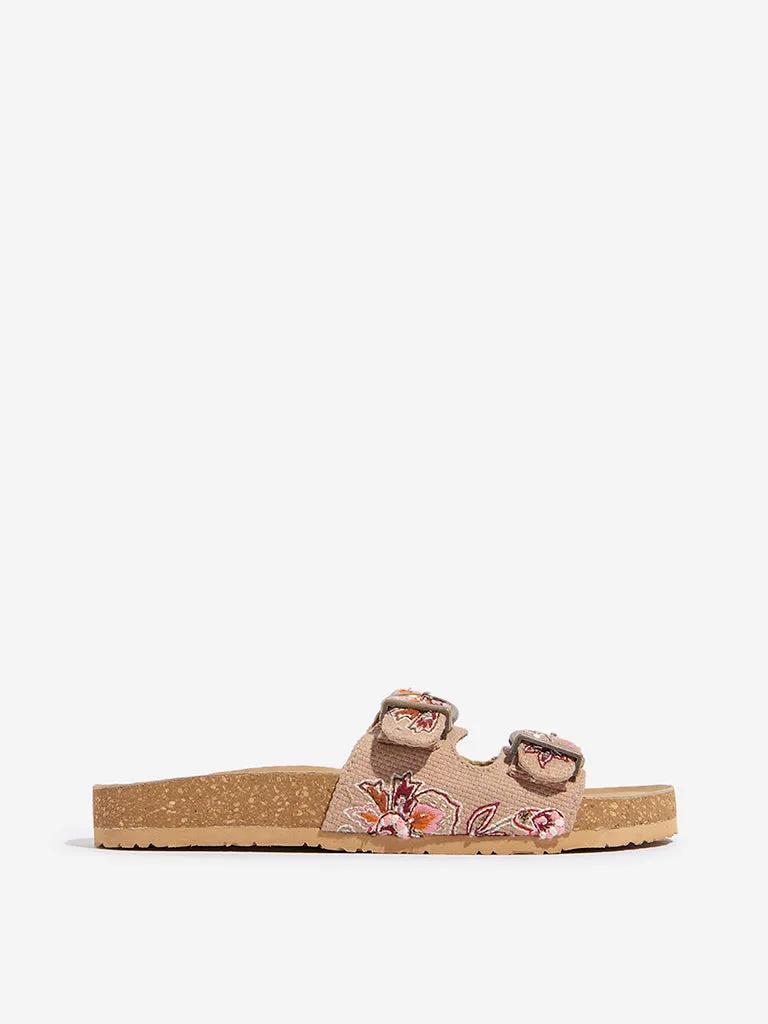 LUNA BLU Taupe Floral Embroidered Slip-On Sandals
