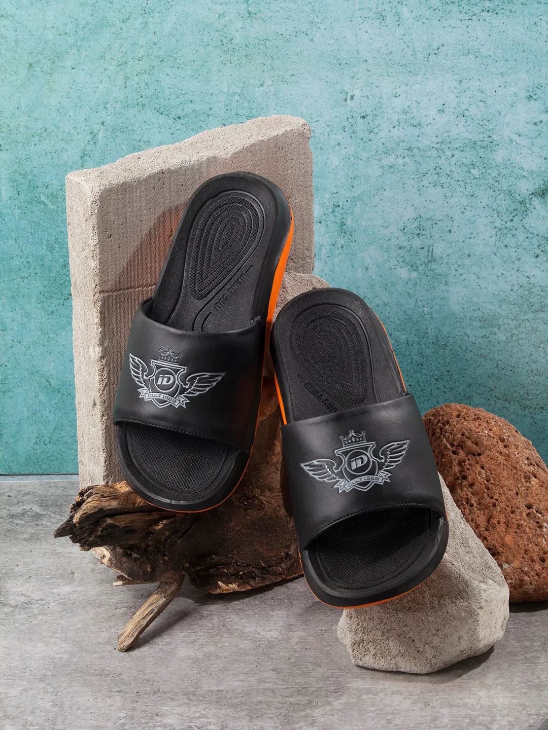 Men's Black/Orange Active Graphic Printed Slider (IX5018)