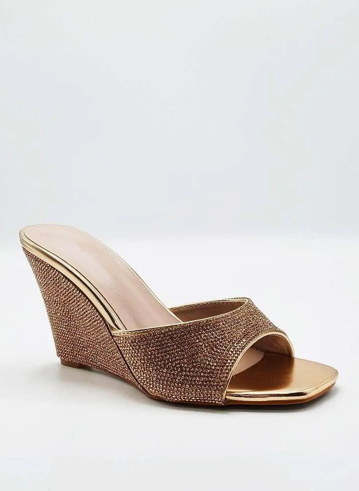 Natassia  Diamante Encrusted Slip On Wedges in Champagne