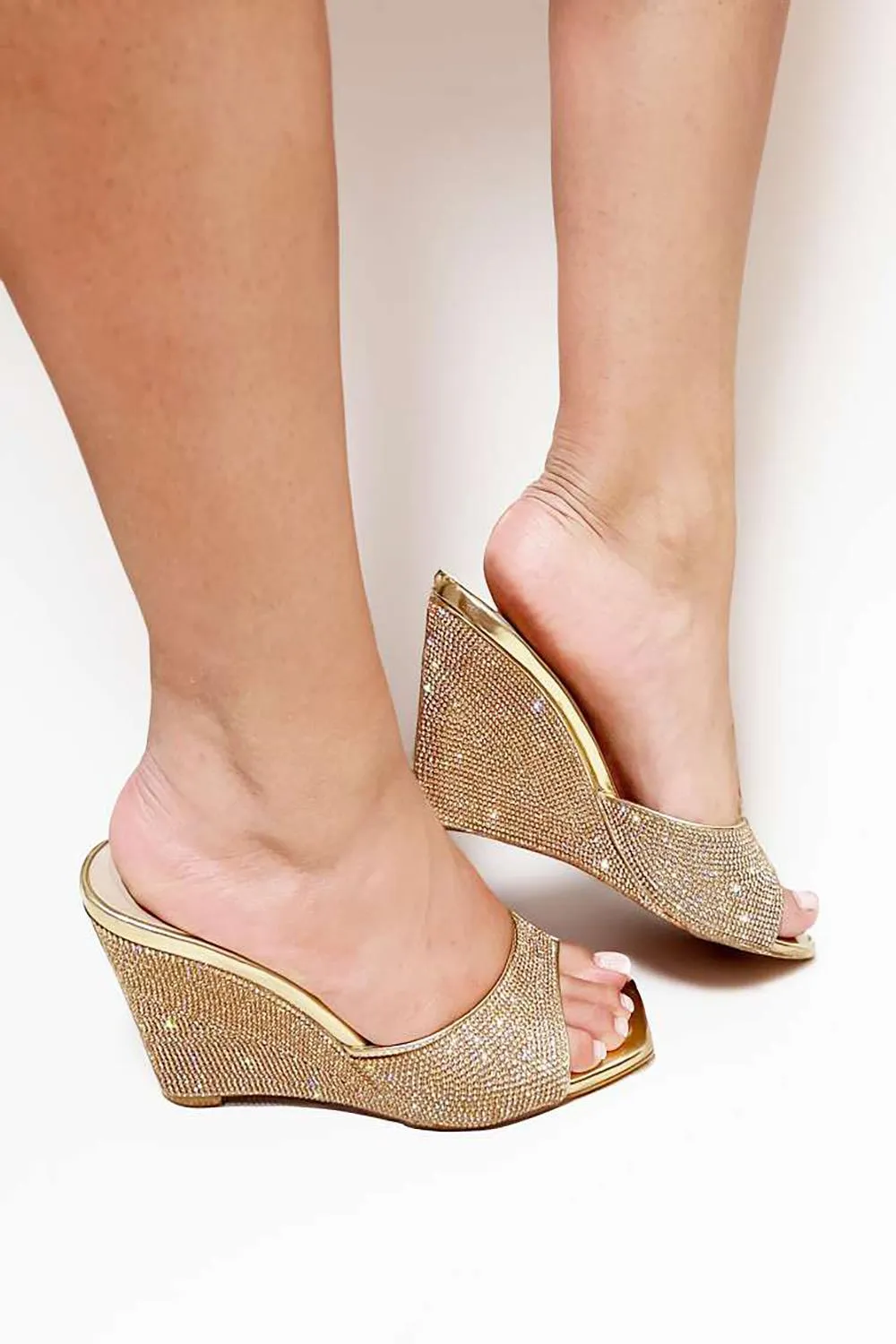 Natassia  Diamante Encrusted Slip On Wedges in Champagne
