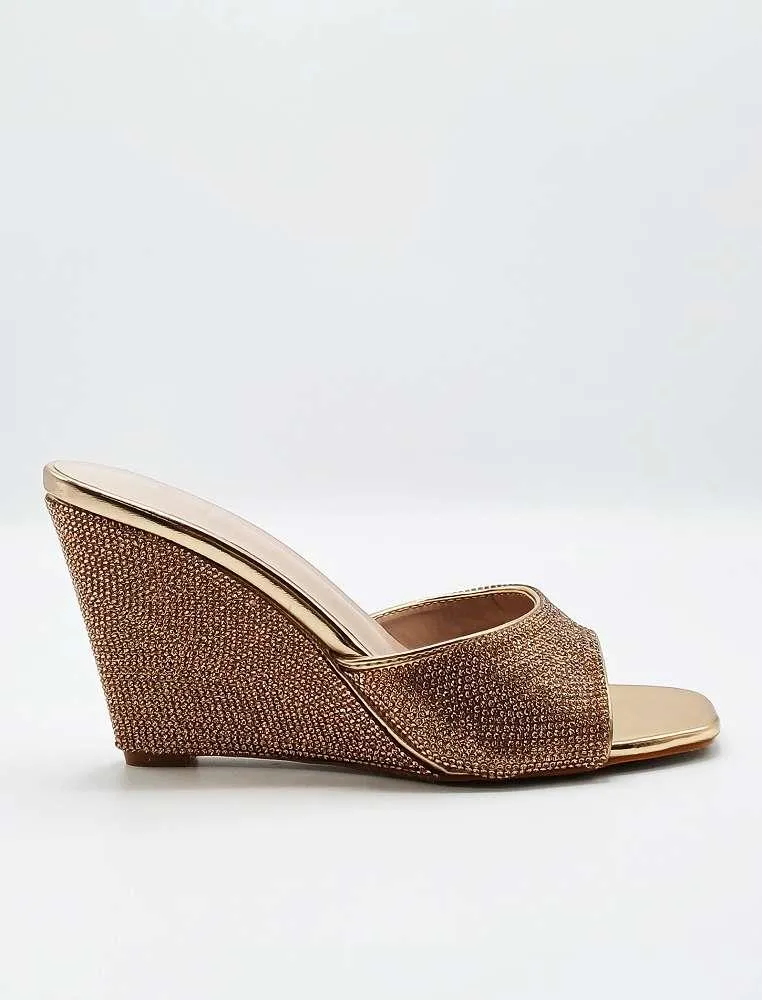 Natassia  Diamante Encrusted Slip On Wedges in Champagne