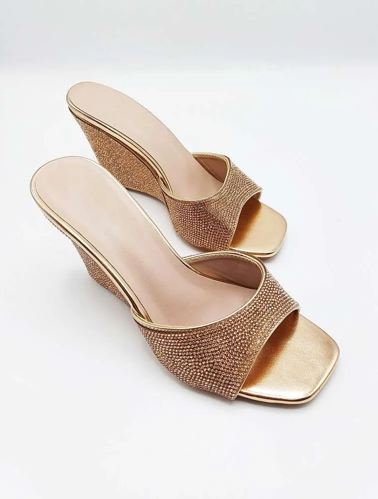Natassia  Diamante Encrusted Slip On Wedges in Champagne