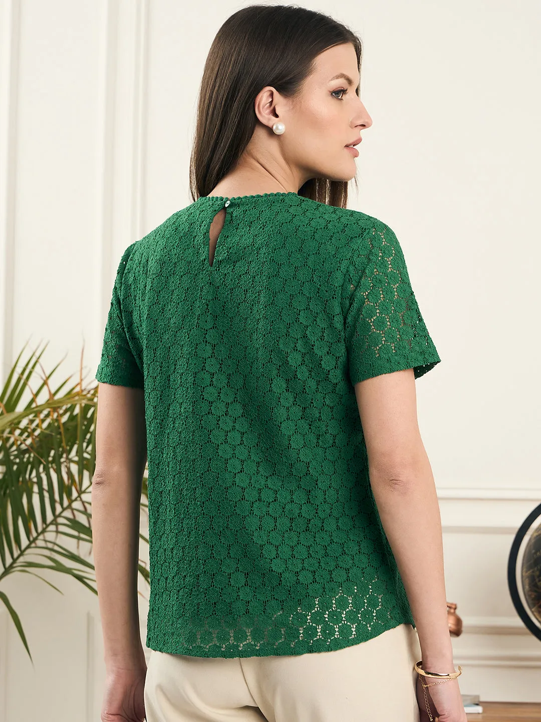 Noi Women Green Short Sleeves Lace Top