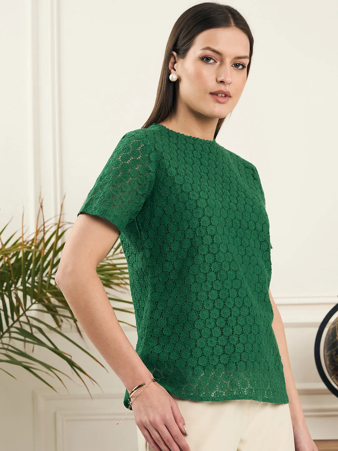 Noi Women Green Short Sleeves Lace Top