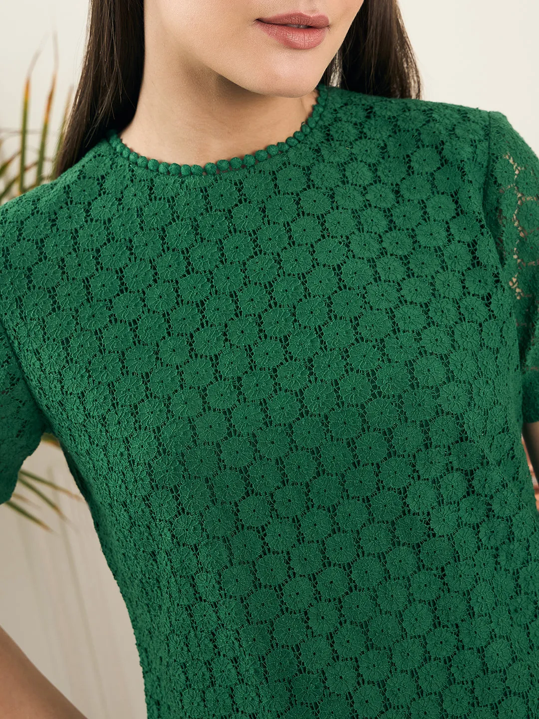 Noi Women Green Short Sleeves Lace Top
