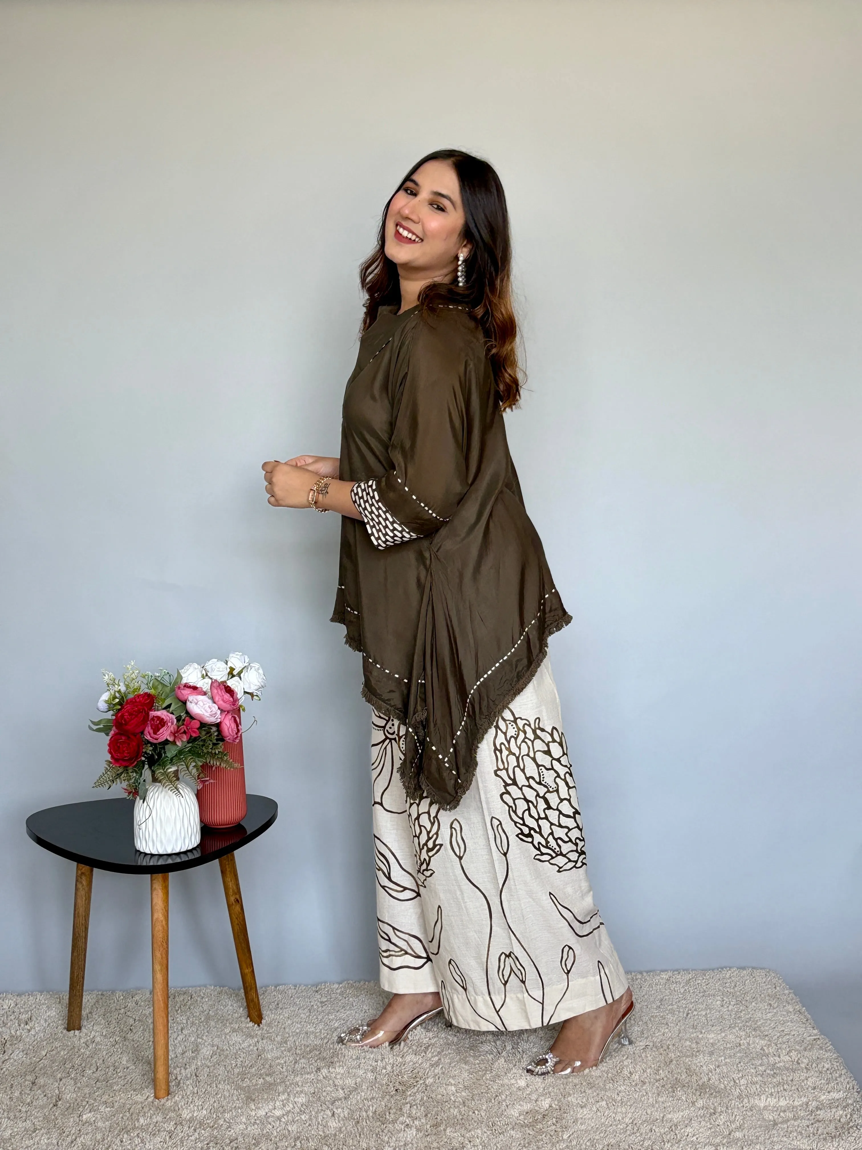 Olive Asymmetrical Top With Printed Pants