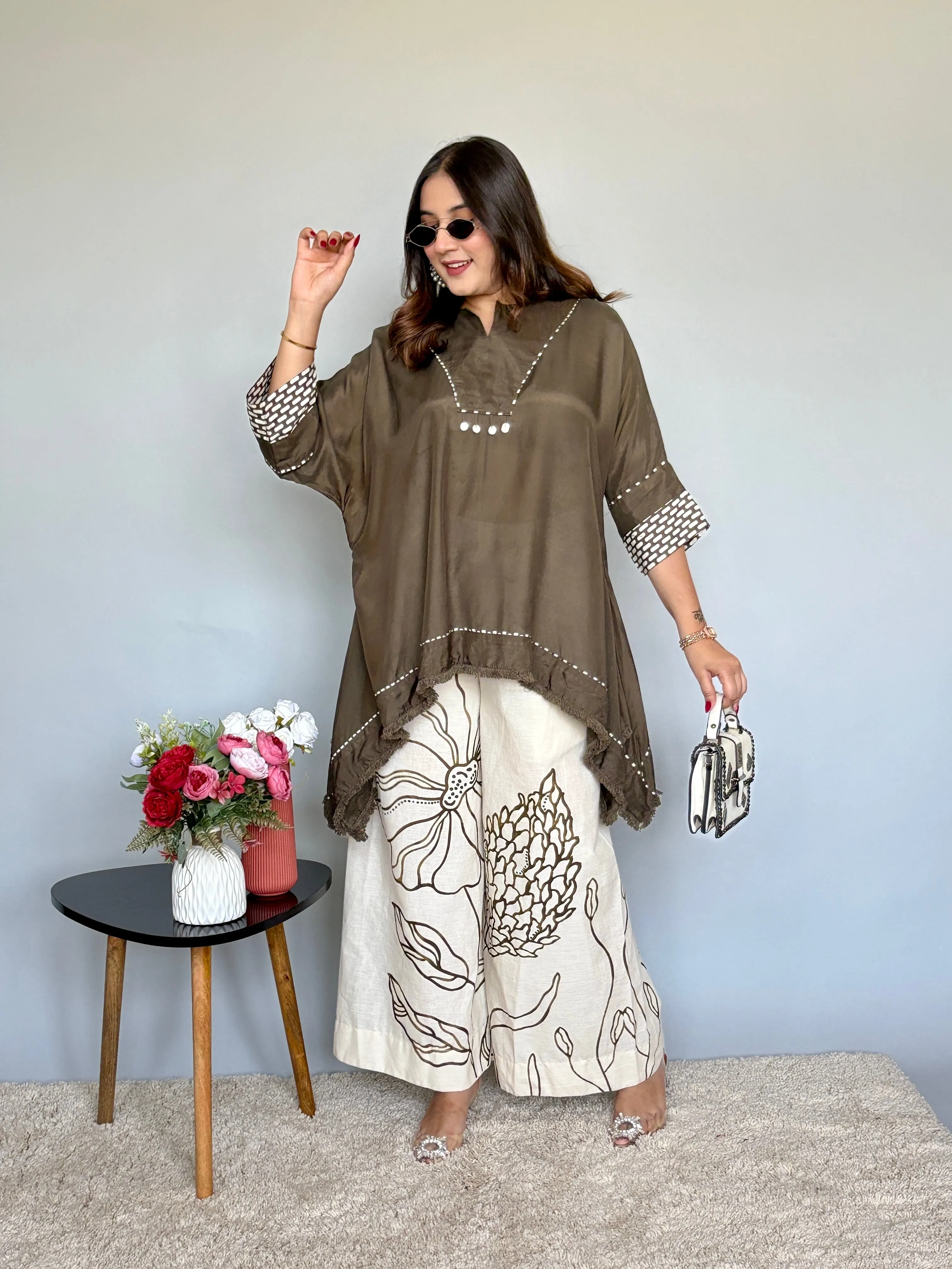 Olive Asymmetrical Top With Printed Pants