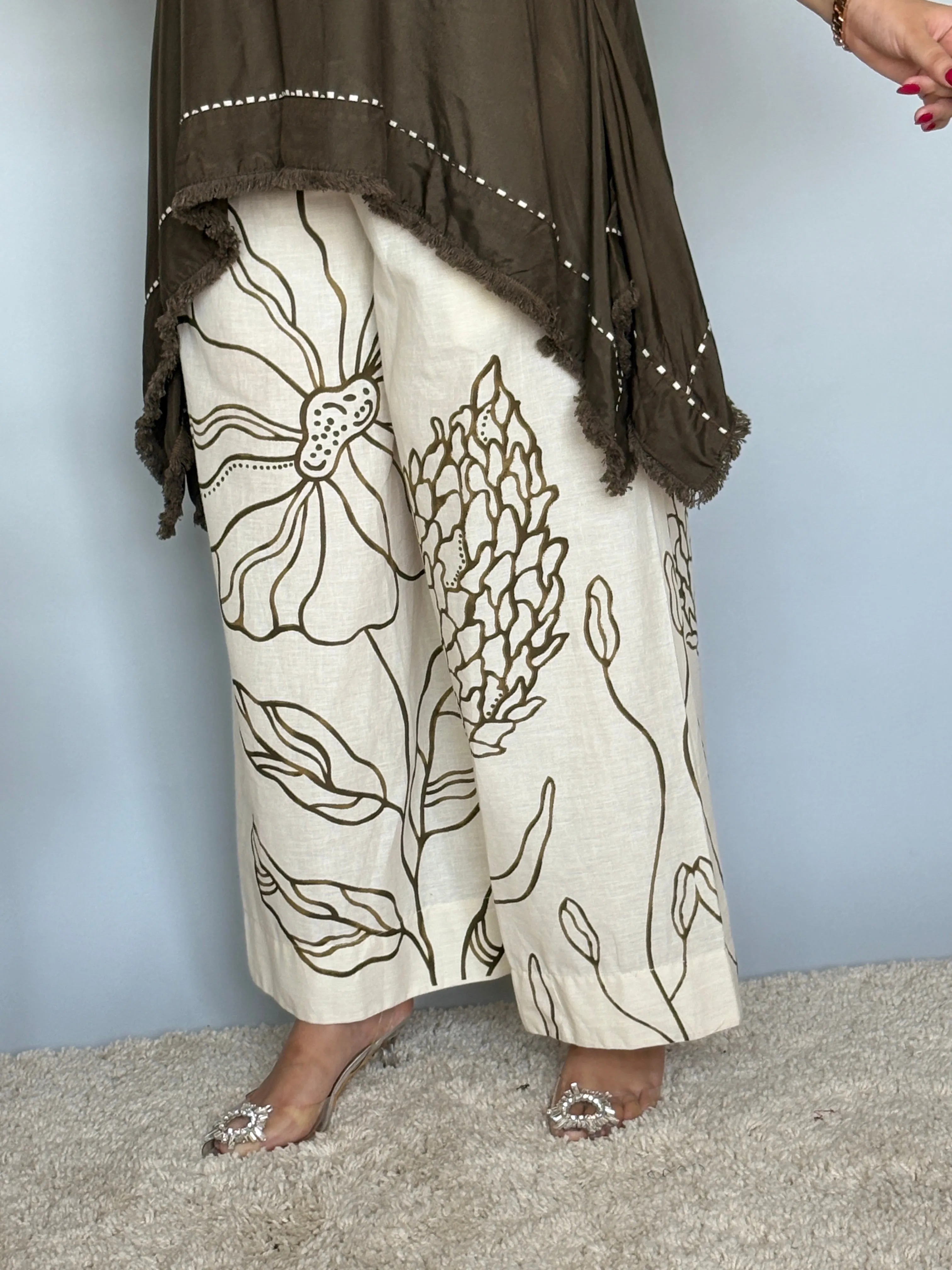 Olive Asymmetrical Top With Printed Pants