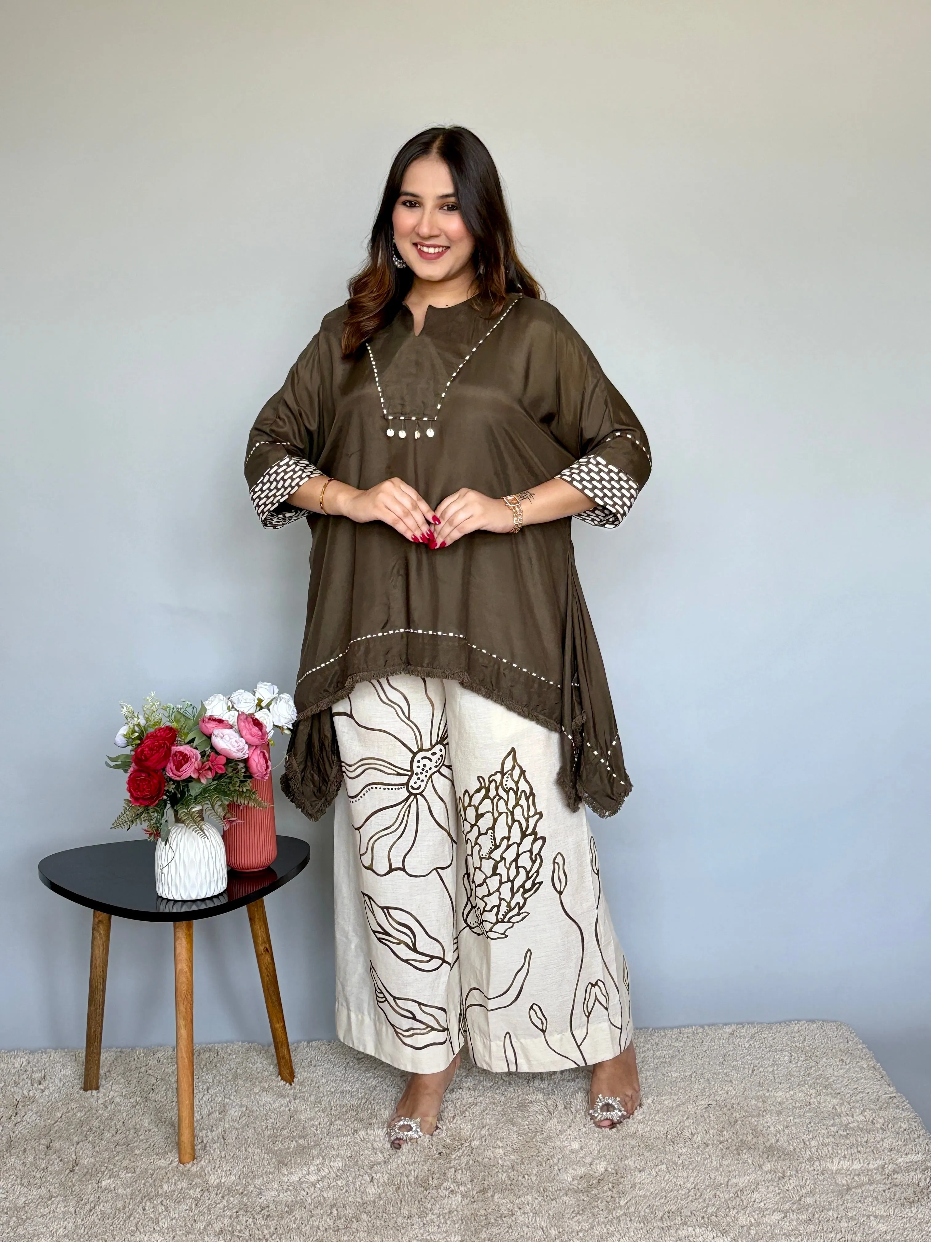 Olive Asymmetrical Top With Printed Pants