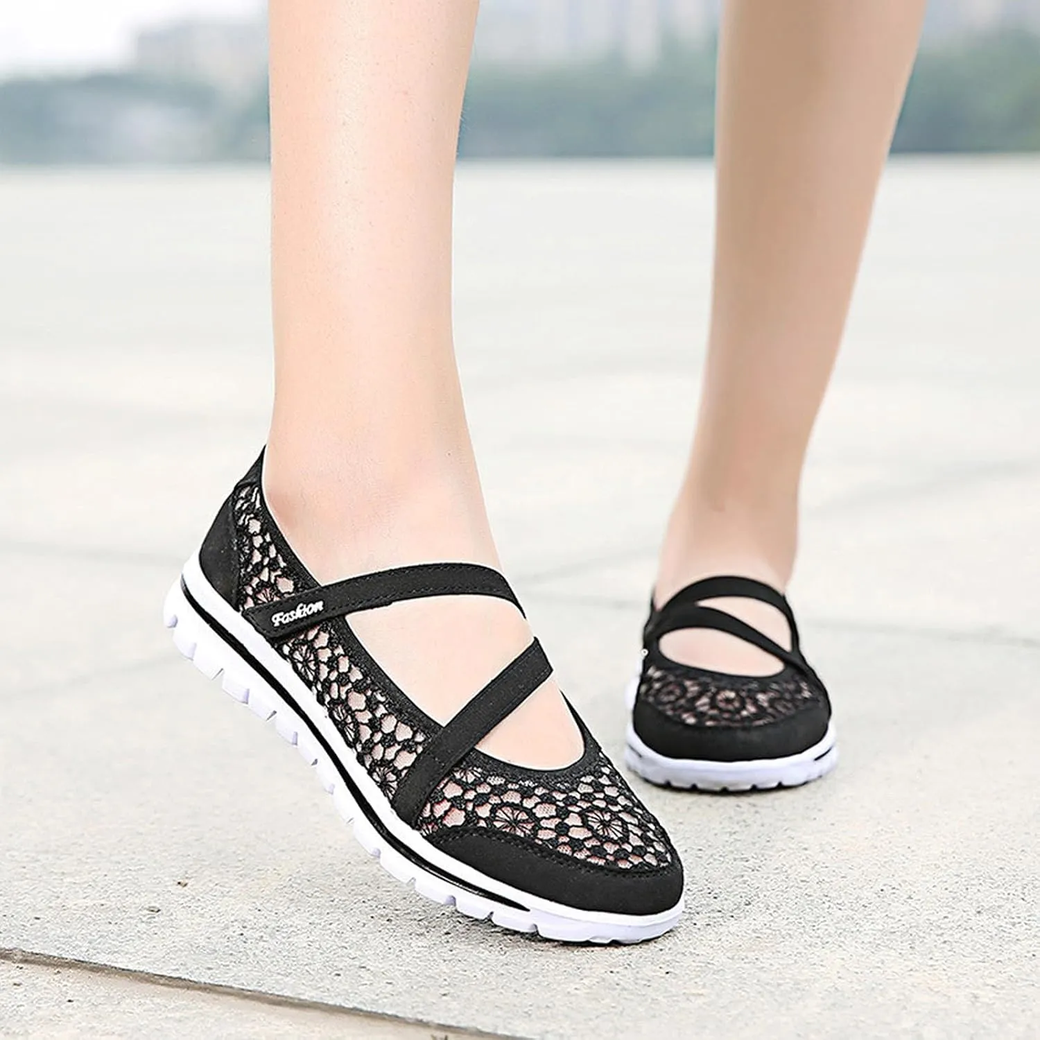 Optigard Women's Lace Mesh Adjustable Breathable Flat Walking Shoes Casual Non-Slip Lightweight Sneakers Comfortable Slip-On Shallow Mouth Mom Shoes Nurse Working Shoes Mary Jane Shoes
