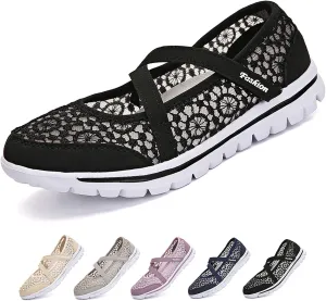 Optigard Women's Lace Mesh Adjustable Breathable Flat Walking Shoes Casual Non-Slip Lightweight Sneakers Comfortable Slip-On Shallow Mouth Mom Shoes Nurse Working Shoes Mary Jane Shoes