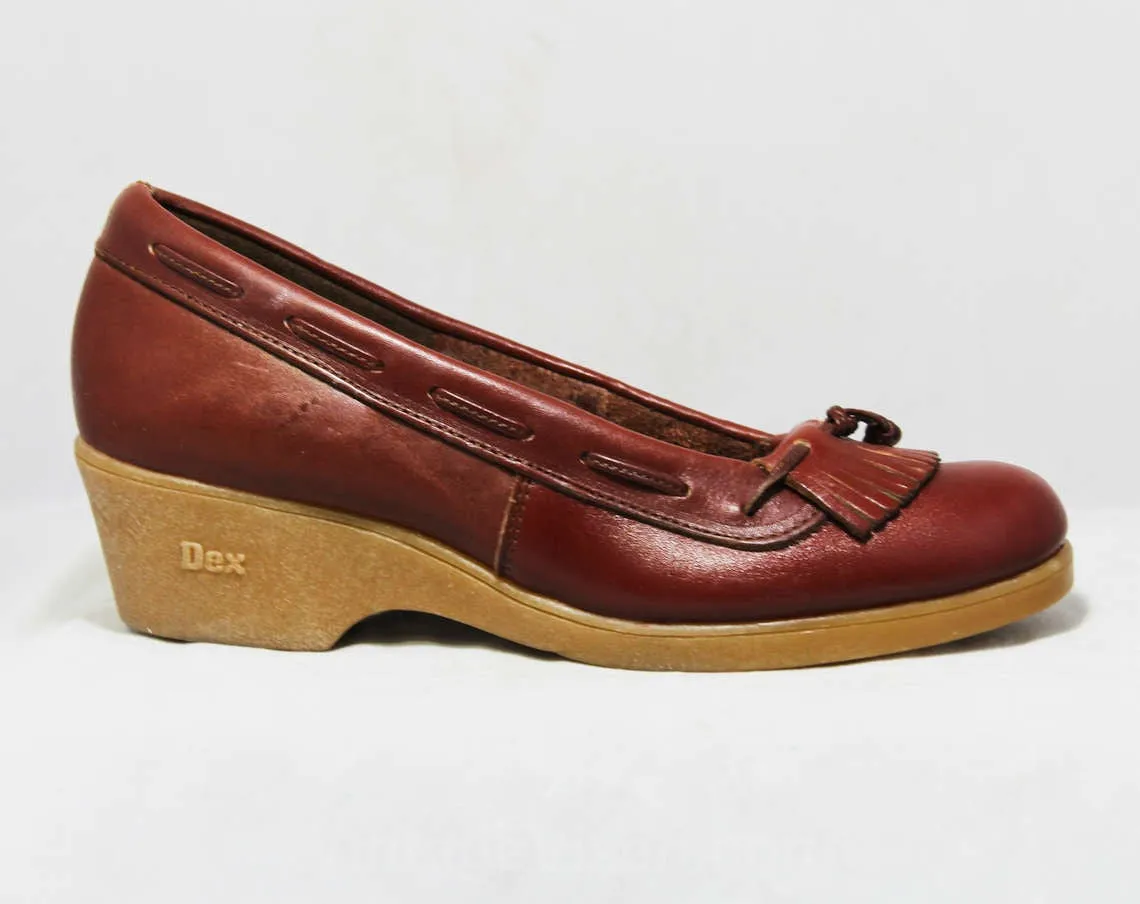 Size 6.5 M Brown Leather Loafers by Dexter - High Quality - 1980s Oxblood Leather Shoes - 80s Preppy Deadstock - Platform Rubber Heel