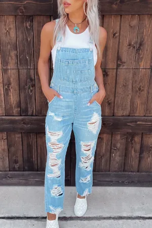 Sky Blue Constructed Bib Pocket Distressed Denim Overalls